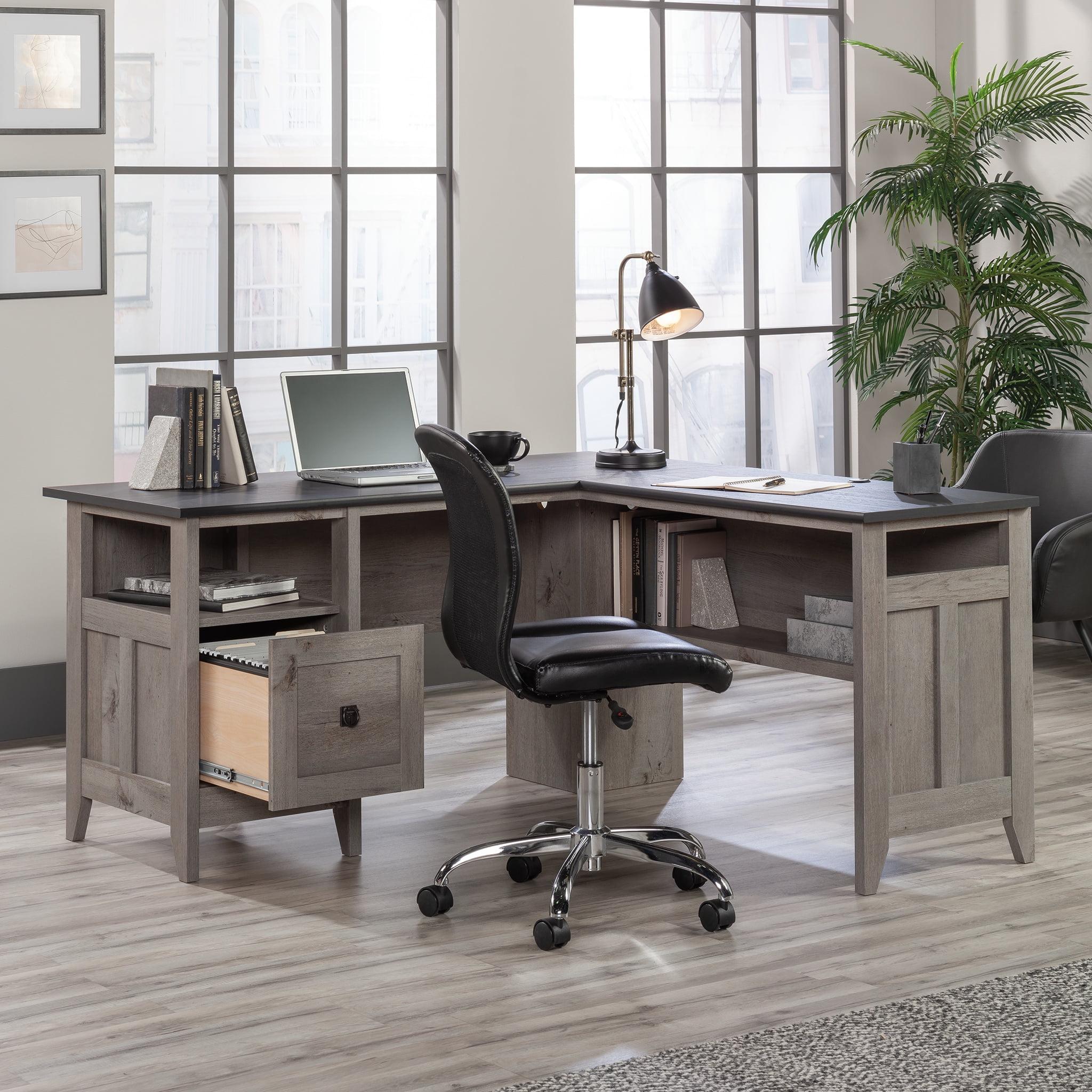 Mystic Oak L-Shaped Home Office Desk with Filing Cabinet