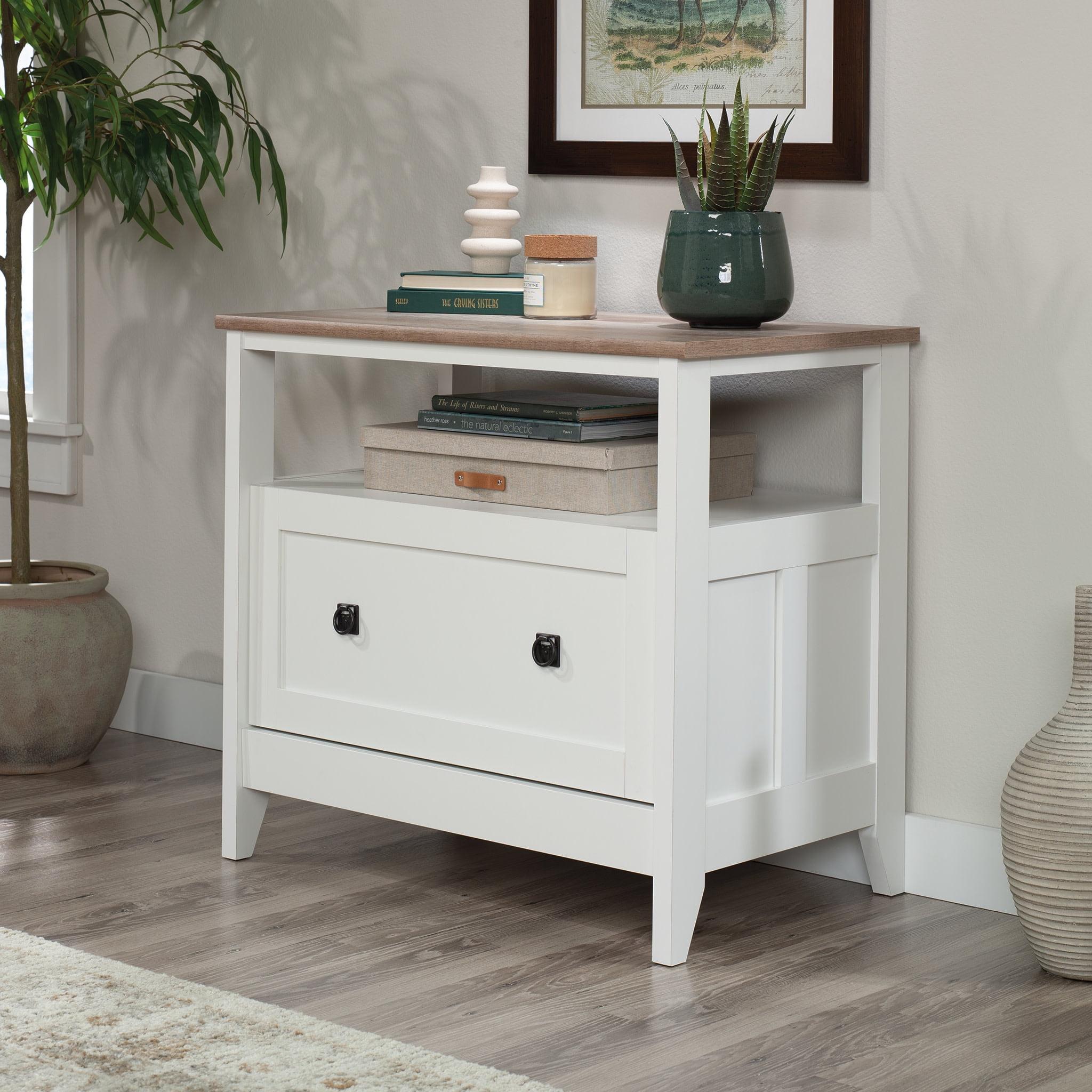 Soft White and Oak Lateral File Cabinet with Open Shelf