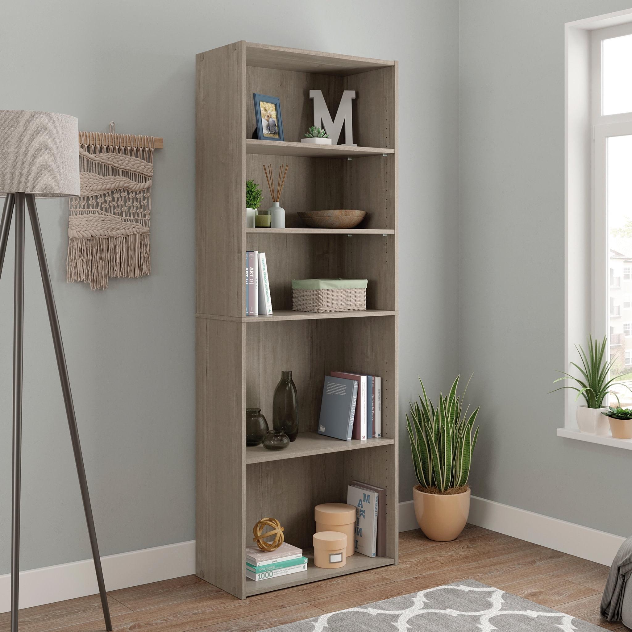 71.18"5 Shelves Beginnings Vertical Bookcase Silver Sycamore- Sauder: Modern Storage, MDF Frame: Paper Laminate Surface