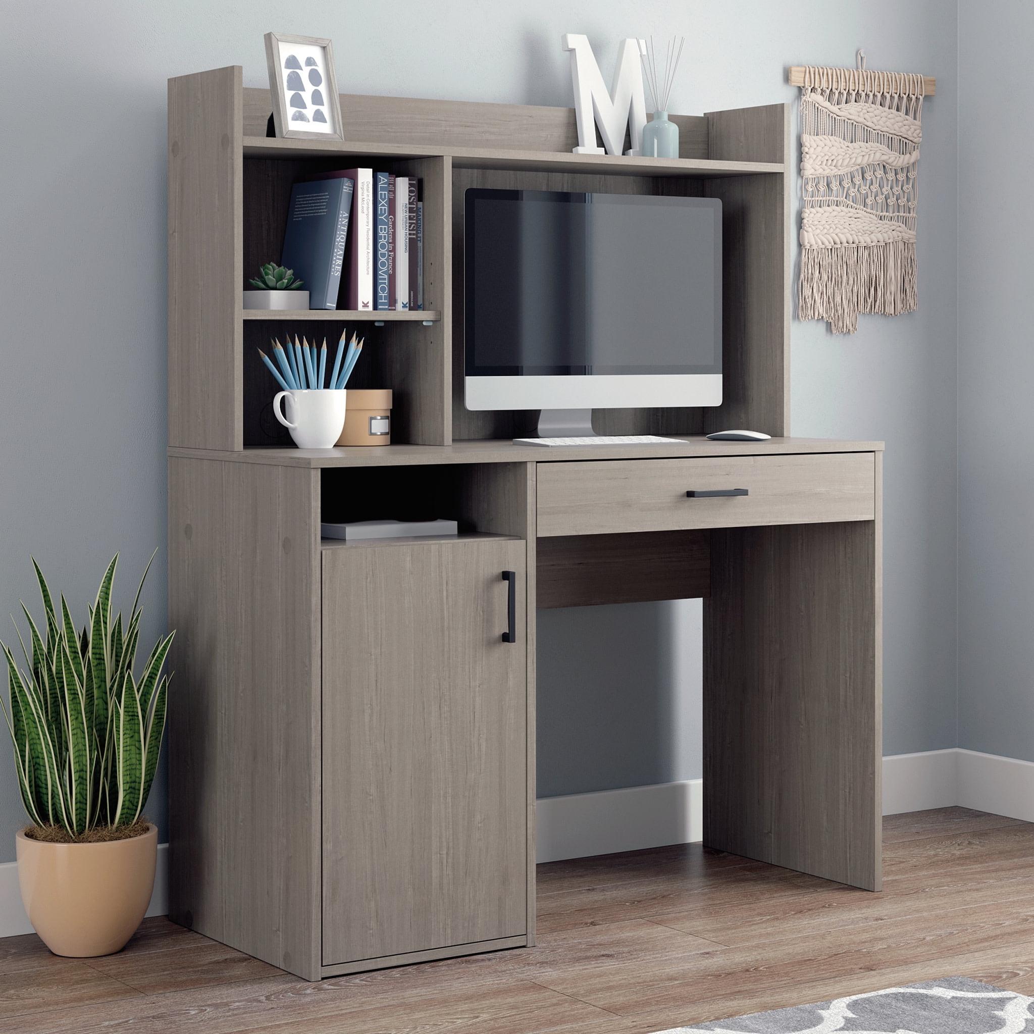 BeginningsDesk with Hutch Silver Sycamore - Sauder: Home Office Desk, Safety Stop Drawer, Cord Management