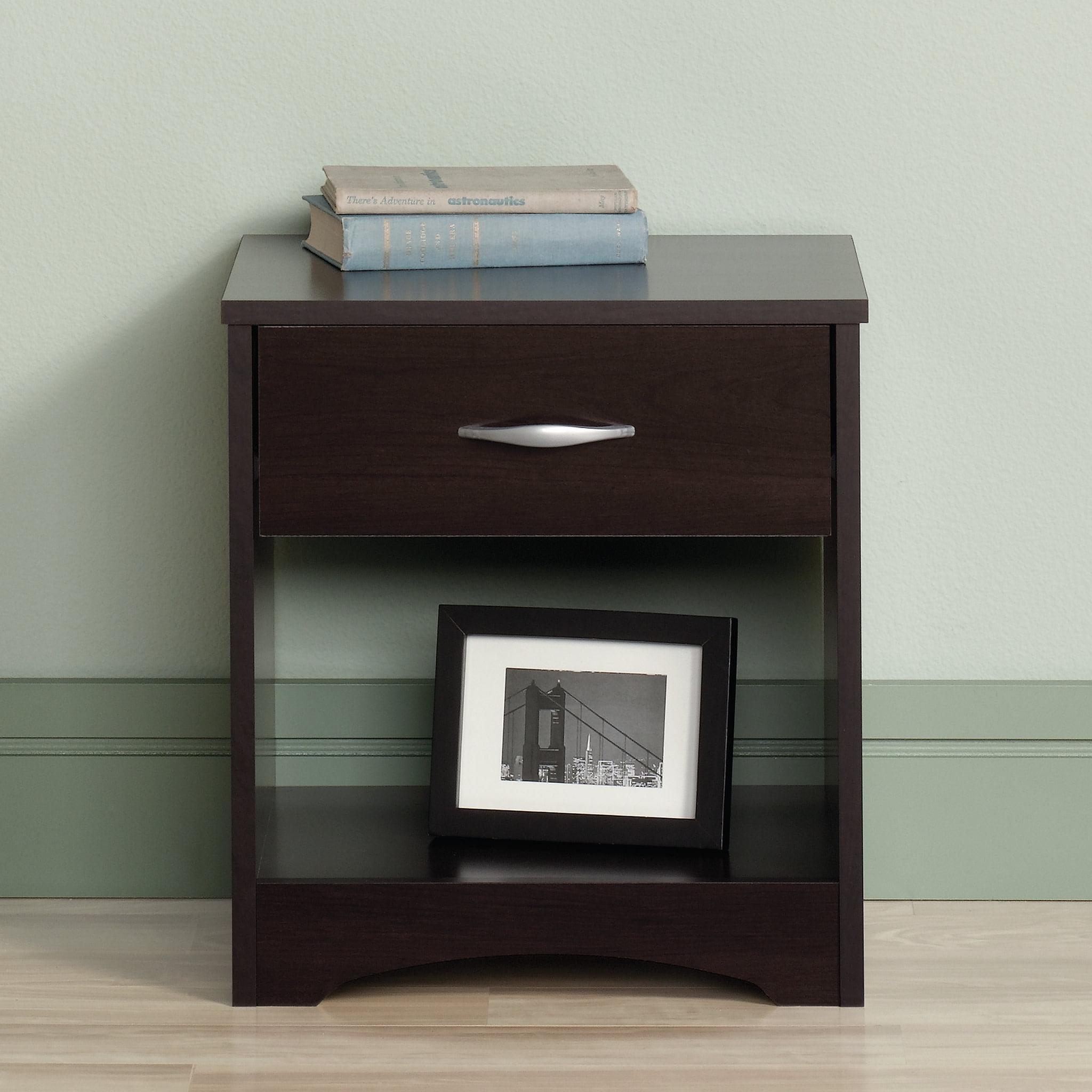 Beginnings Nightstand: Sauder Cinnamon Cherry, Open Shelf, Metal Hardware, CARB Certified