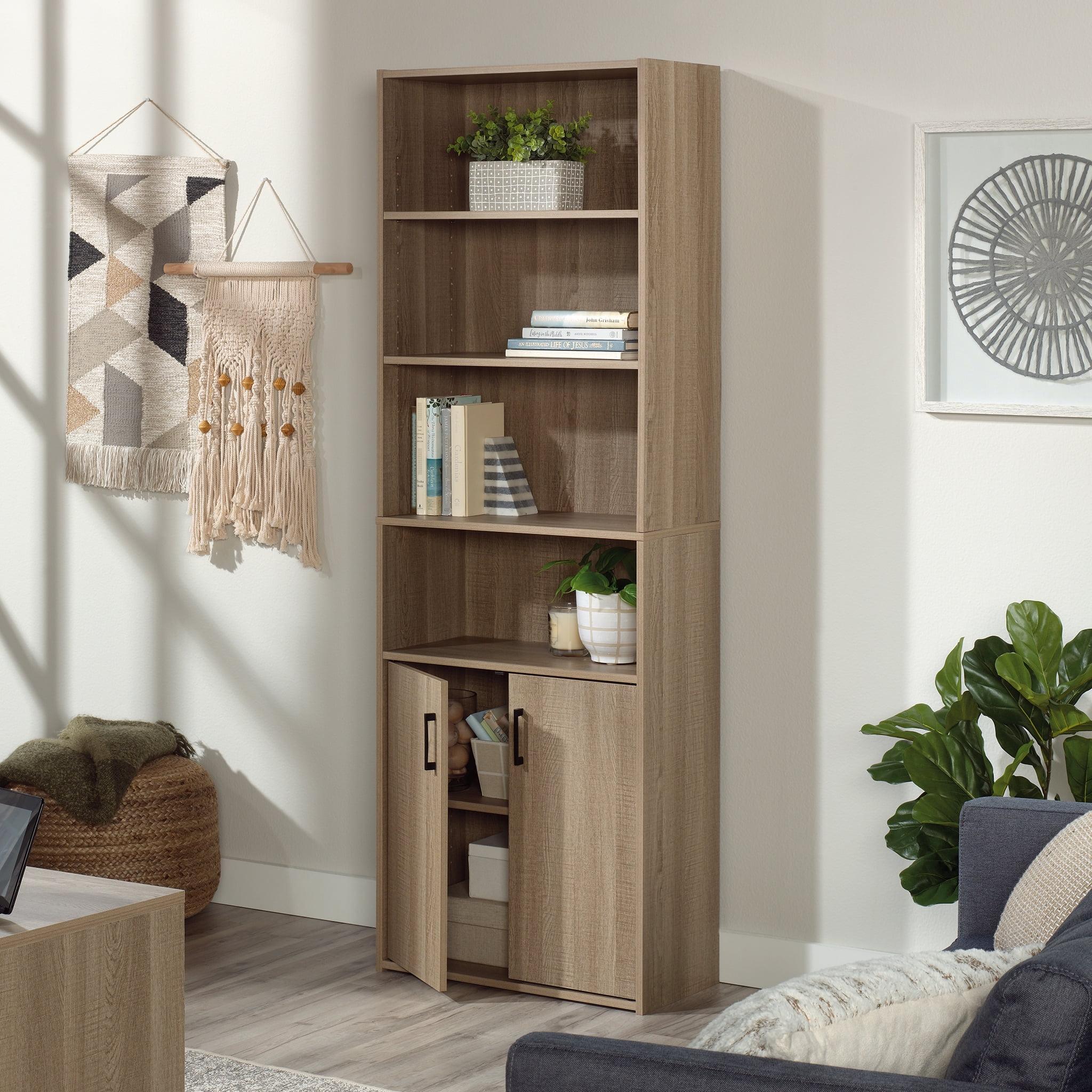 Adjustable Summer Oak 4-Shelf Bookcase with Hidden Storage