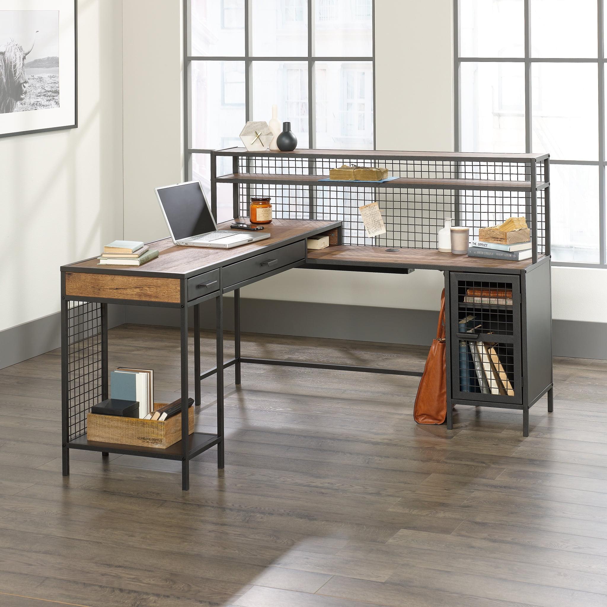 Vintage Oak and Black L-Shaped Computer Desk with Drawer