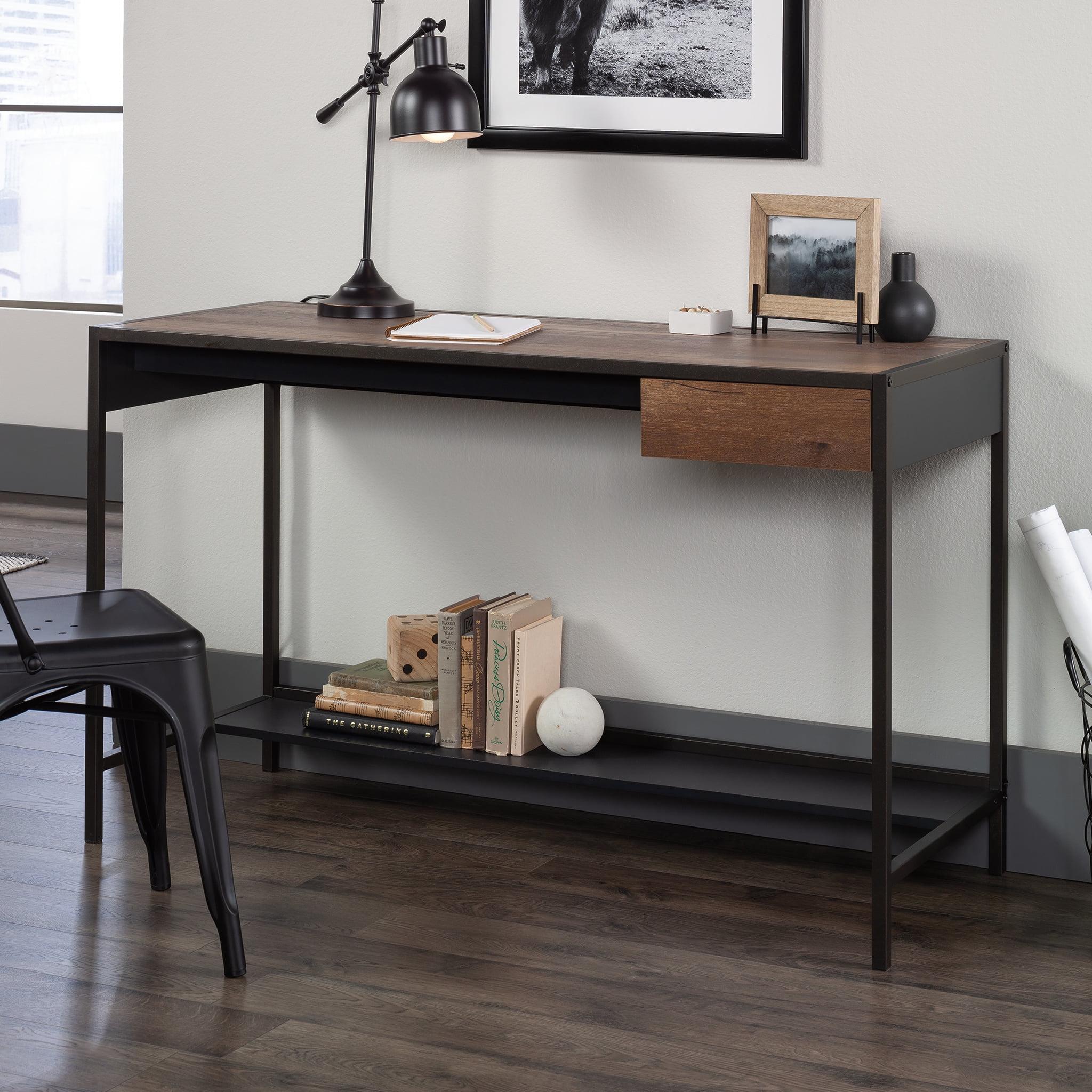 Black and Oak Wood Writing Desk with Drawer and Shelf