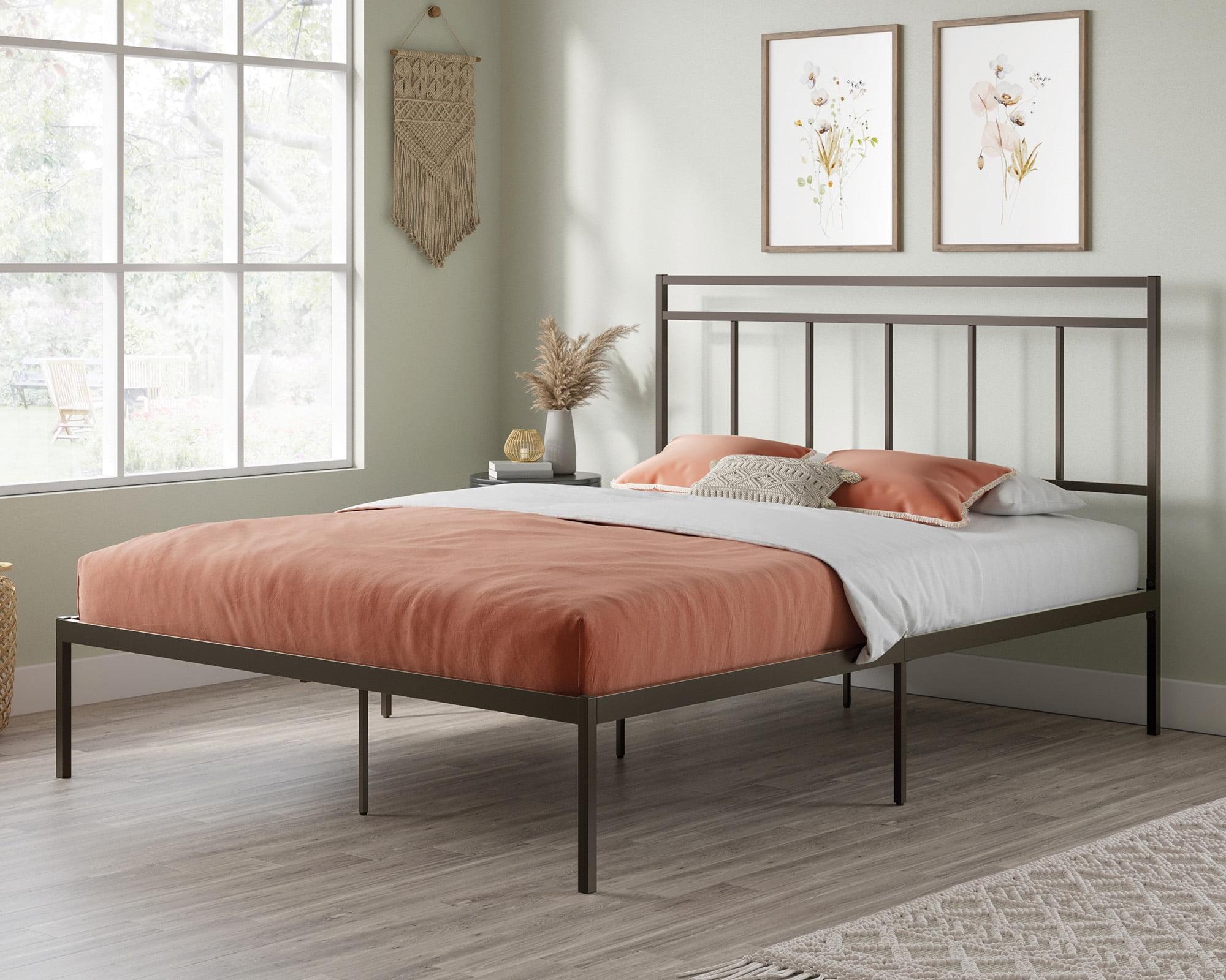 Bronze Queen Metal Platform Bed with Headboard and Drawer