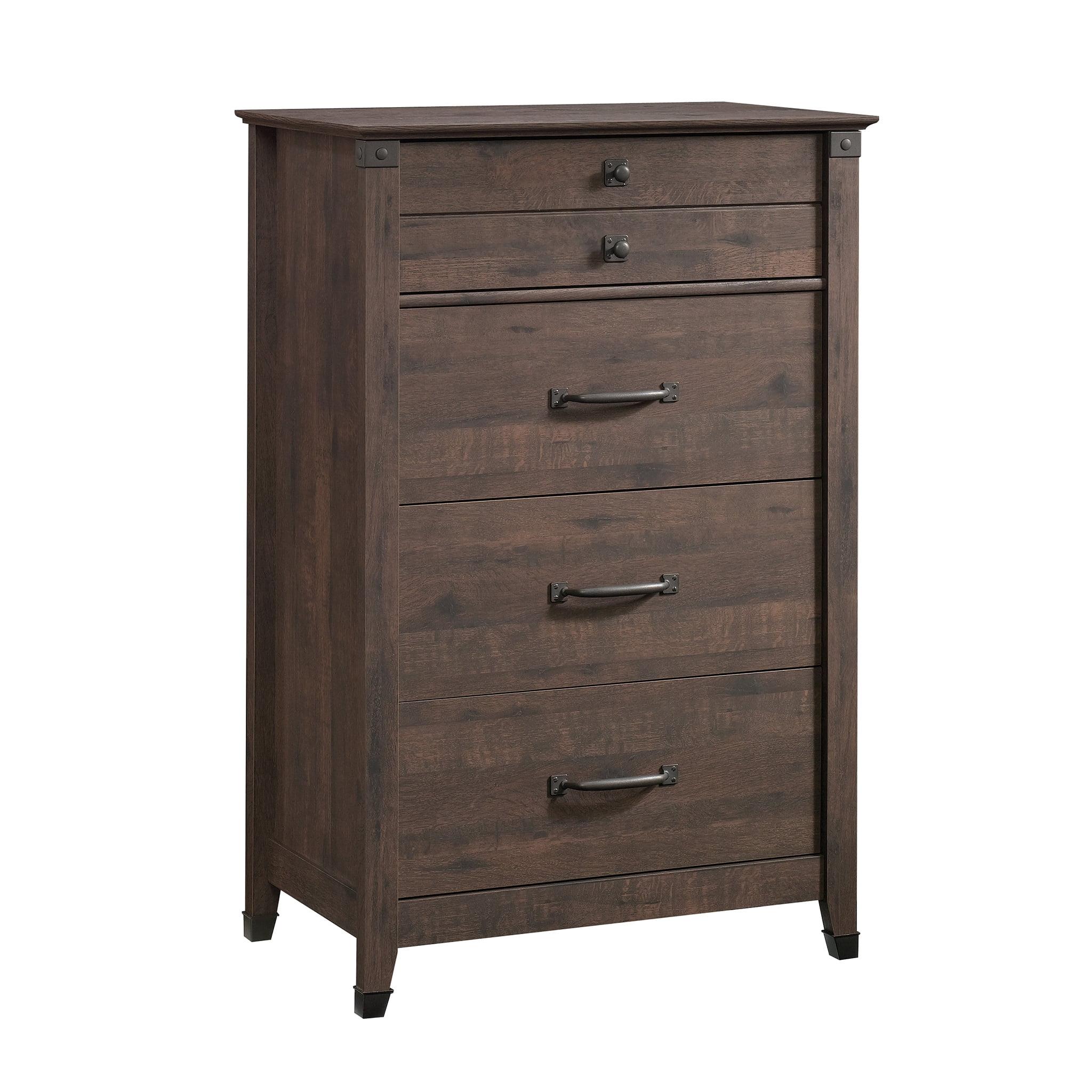 Coffee Oak Vertical 4-Drawer Chest with Wrought Iron Hardware