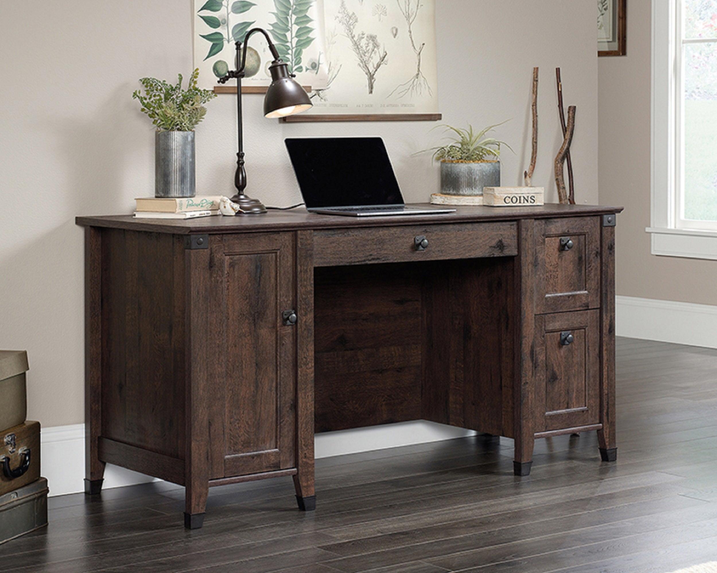 Executive Coffee Oak Workstation with Drawer and Filing Cabinet