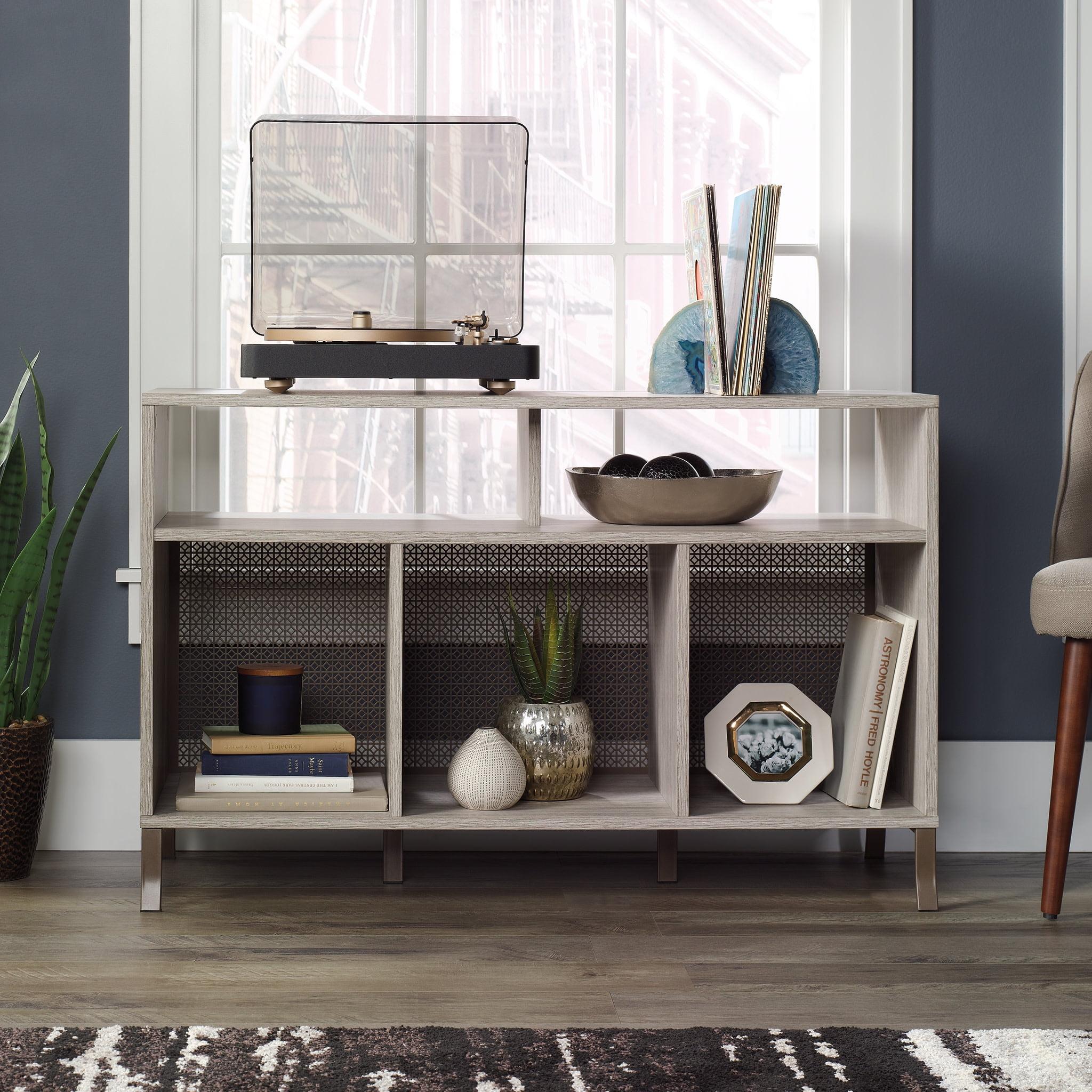 Sauder Center City TV Stand with Divided Storage Shelves, Champagne Oak Finish