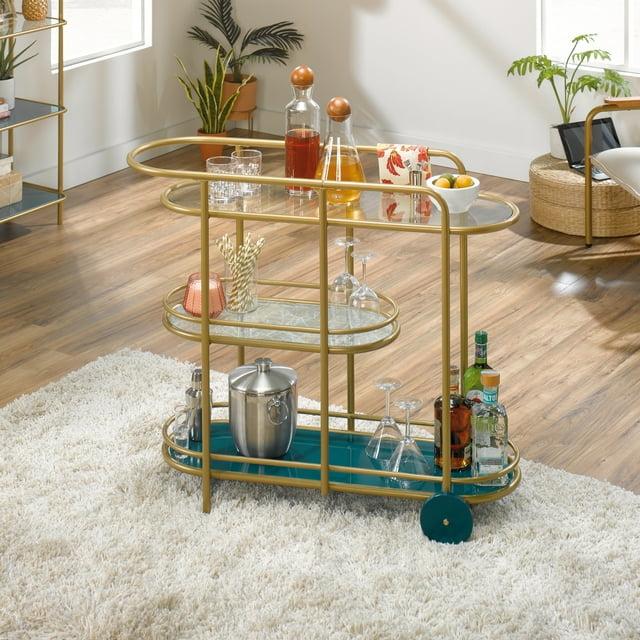 Sauder Coral Cape Metal Cart with Glass Satin Gold: 3-Tier, Safety-Tempered, Mobile