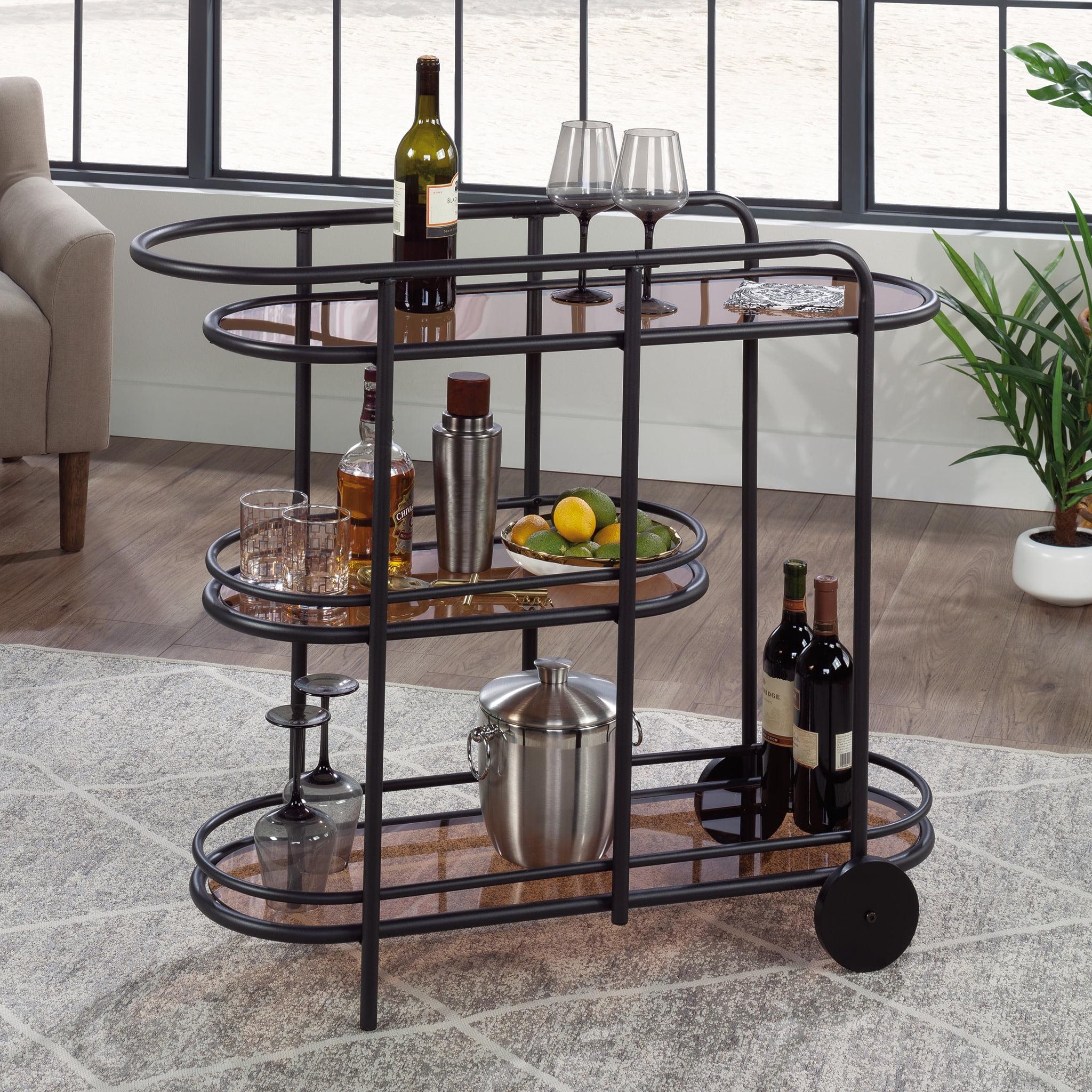 Sauder Coral Cape Metal Cart with Glass Tinted/Black: 3-Tier, Safety-Tempered, Rolling Storage