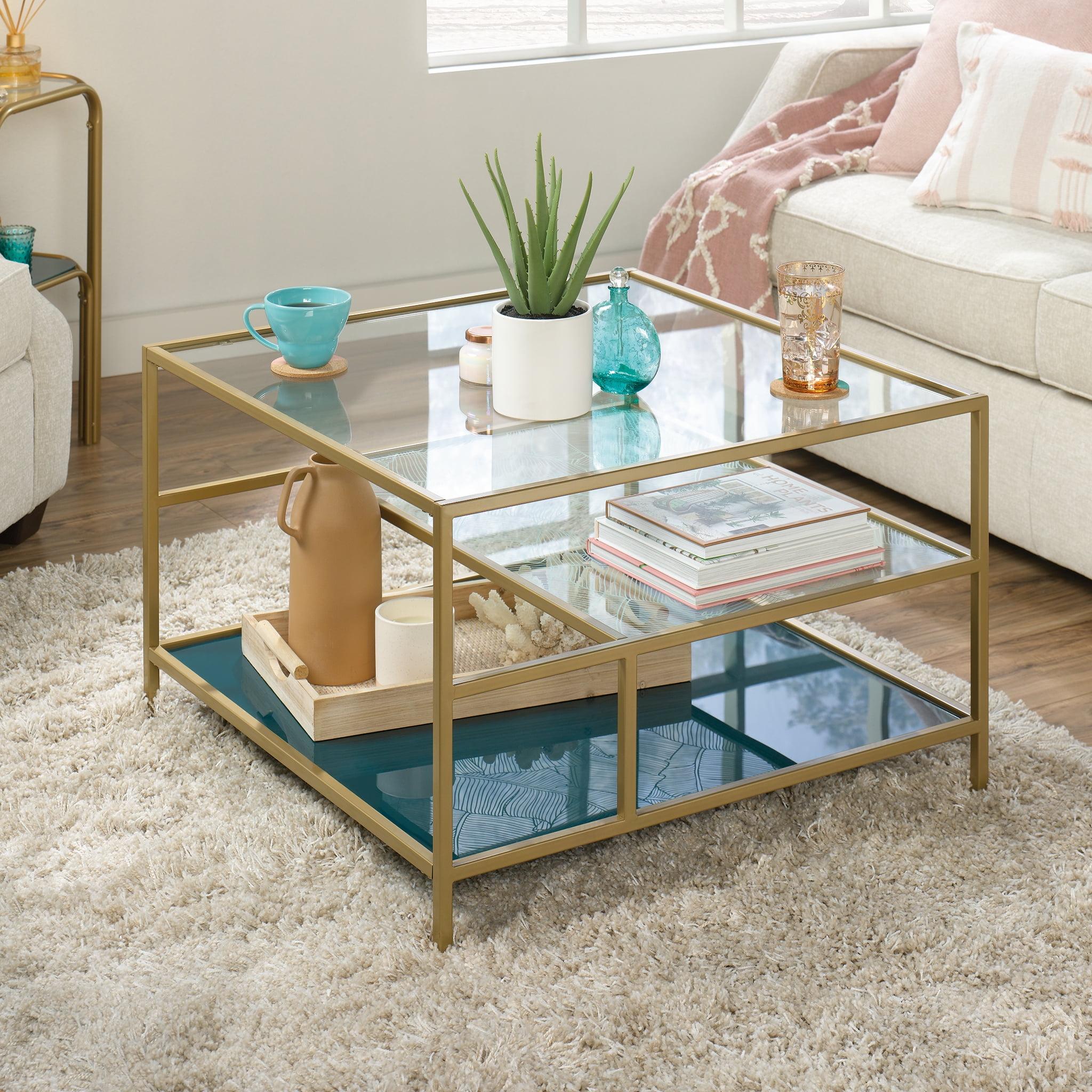 Satin Gold Square Coastal Glass Coffee Table with Abstract Shelves