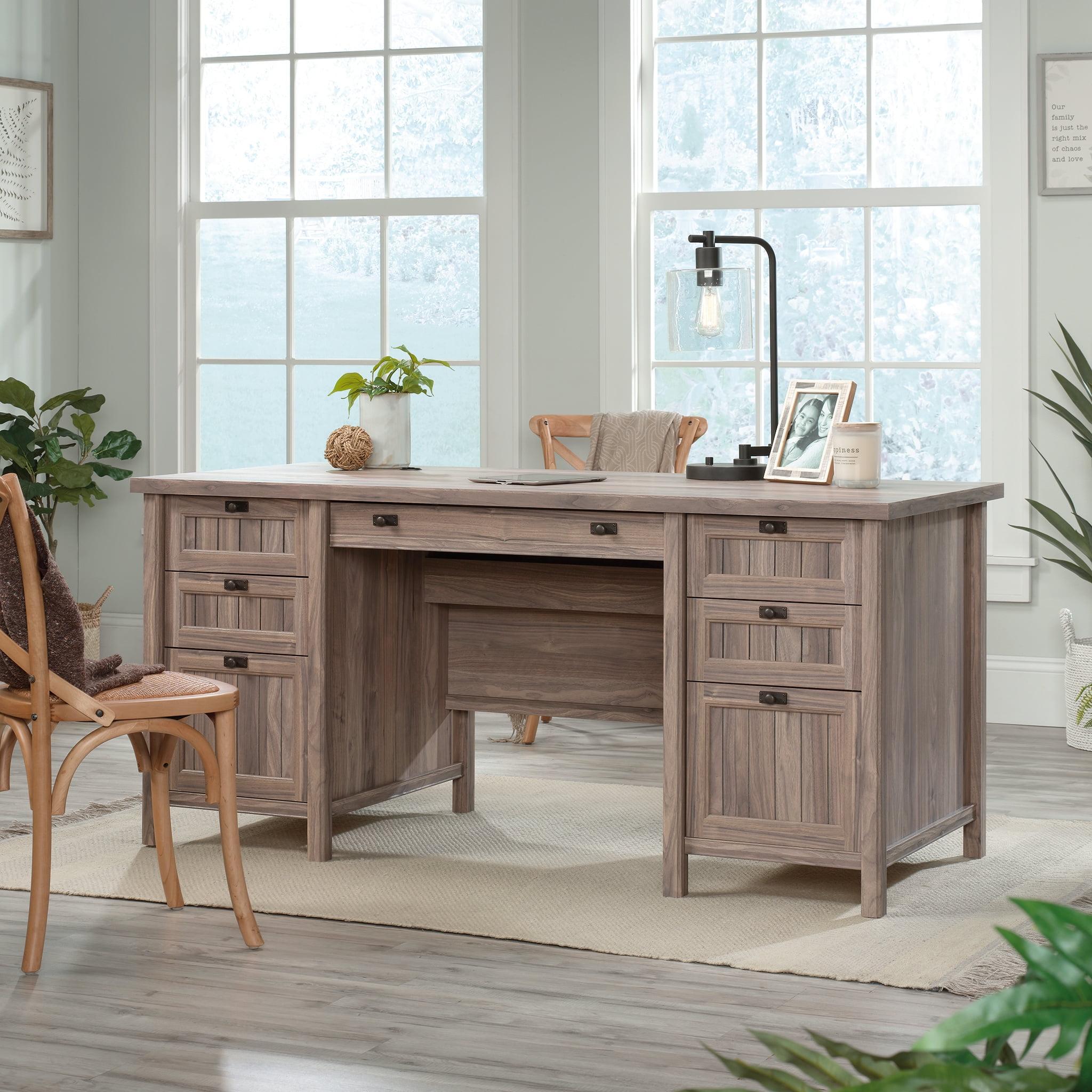 Washed Walnut Executive Desk with Drawers and Keyboard Tray