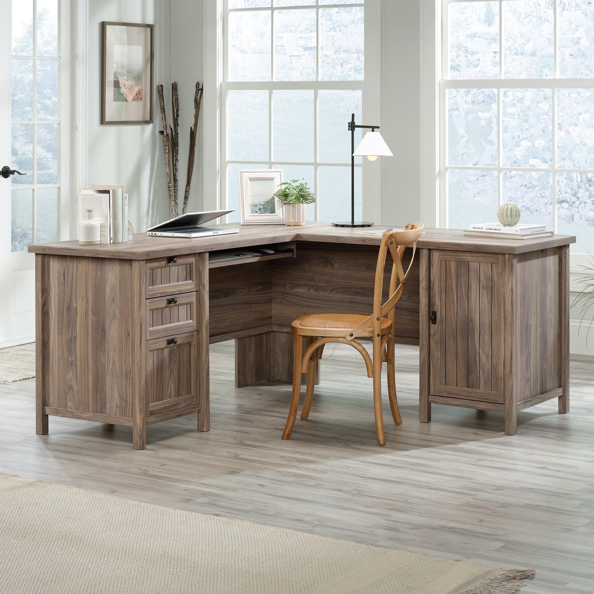 Washed Walnut L-Shaped Corner Computer Desk with Drawer and Keyboard Tray