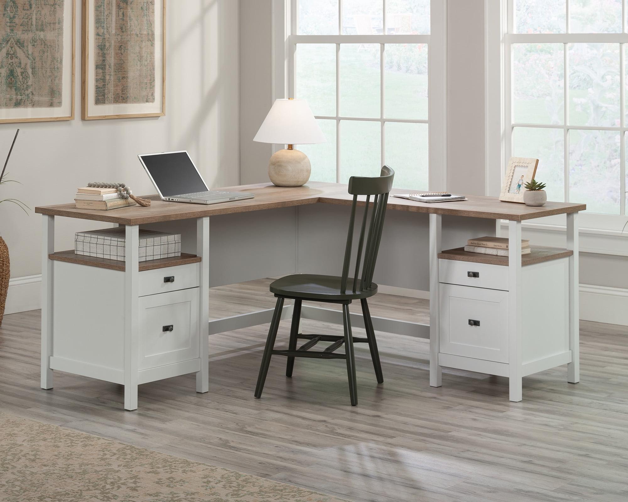 Cottage Road Coastal White Wood L-Shaped Desk with Black Hardware