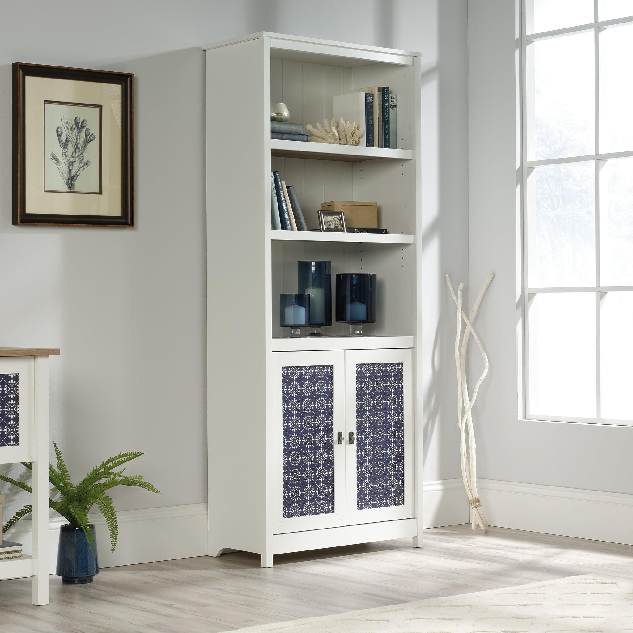 Soft White Adjustable 3-Shelf Library Bookcase with Decorative Doors