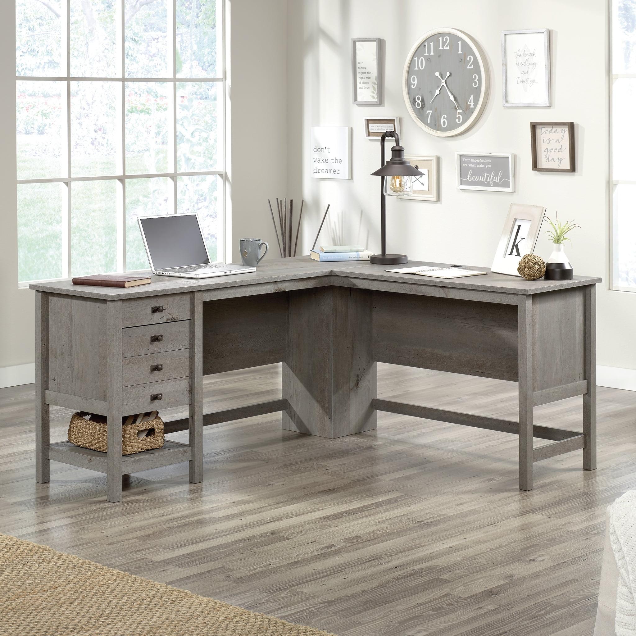 Mystic Oak L-Shaped Gray Wood Computer Desk with Drawer and Filing Cabinet