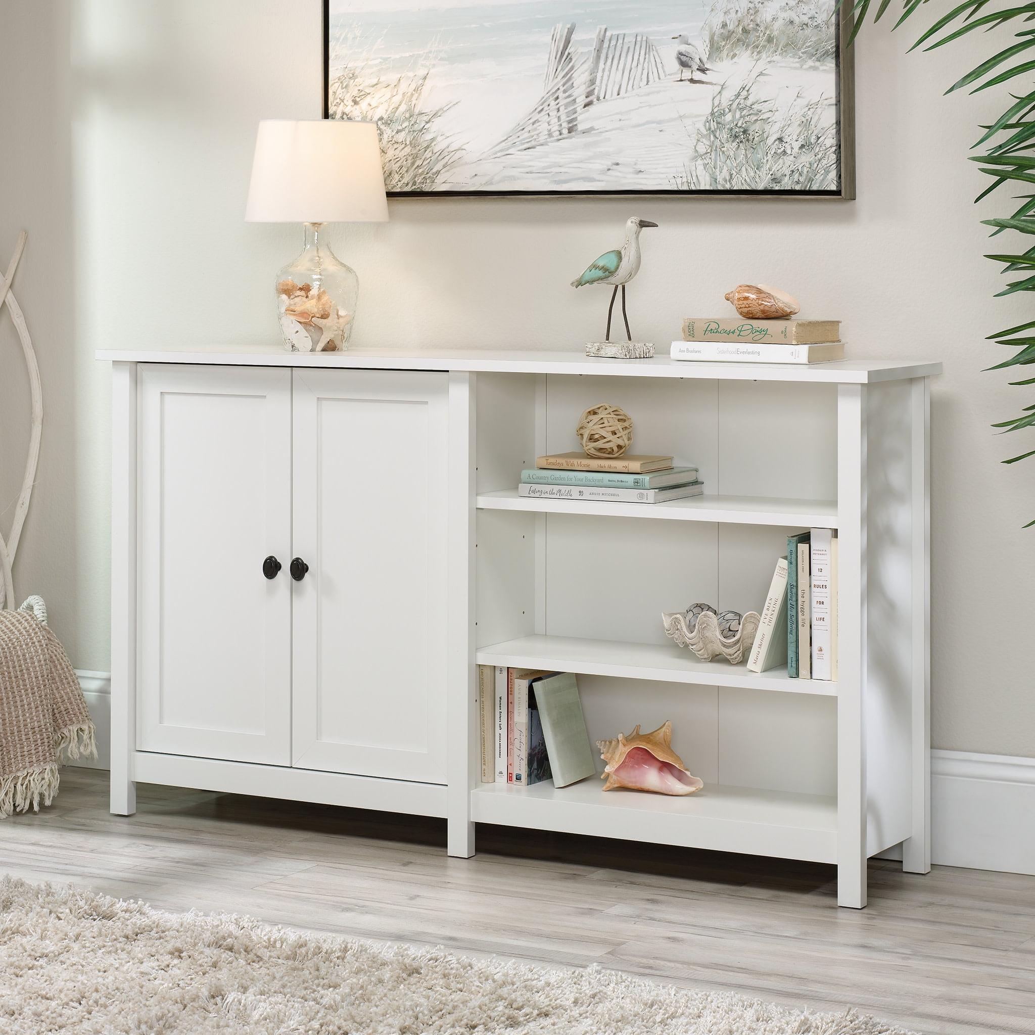 Soft White Console Table with Cabinet and Shelves