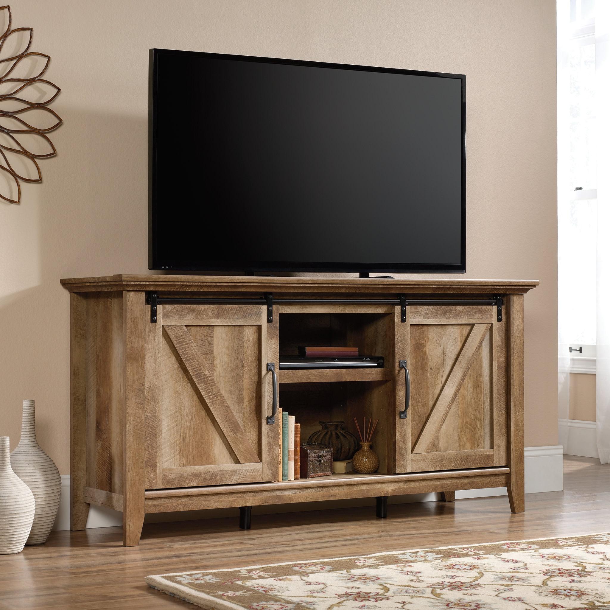 Craftsman Oak Sliding Door TV Stand with Adjustable Shelves