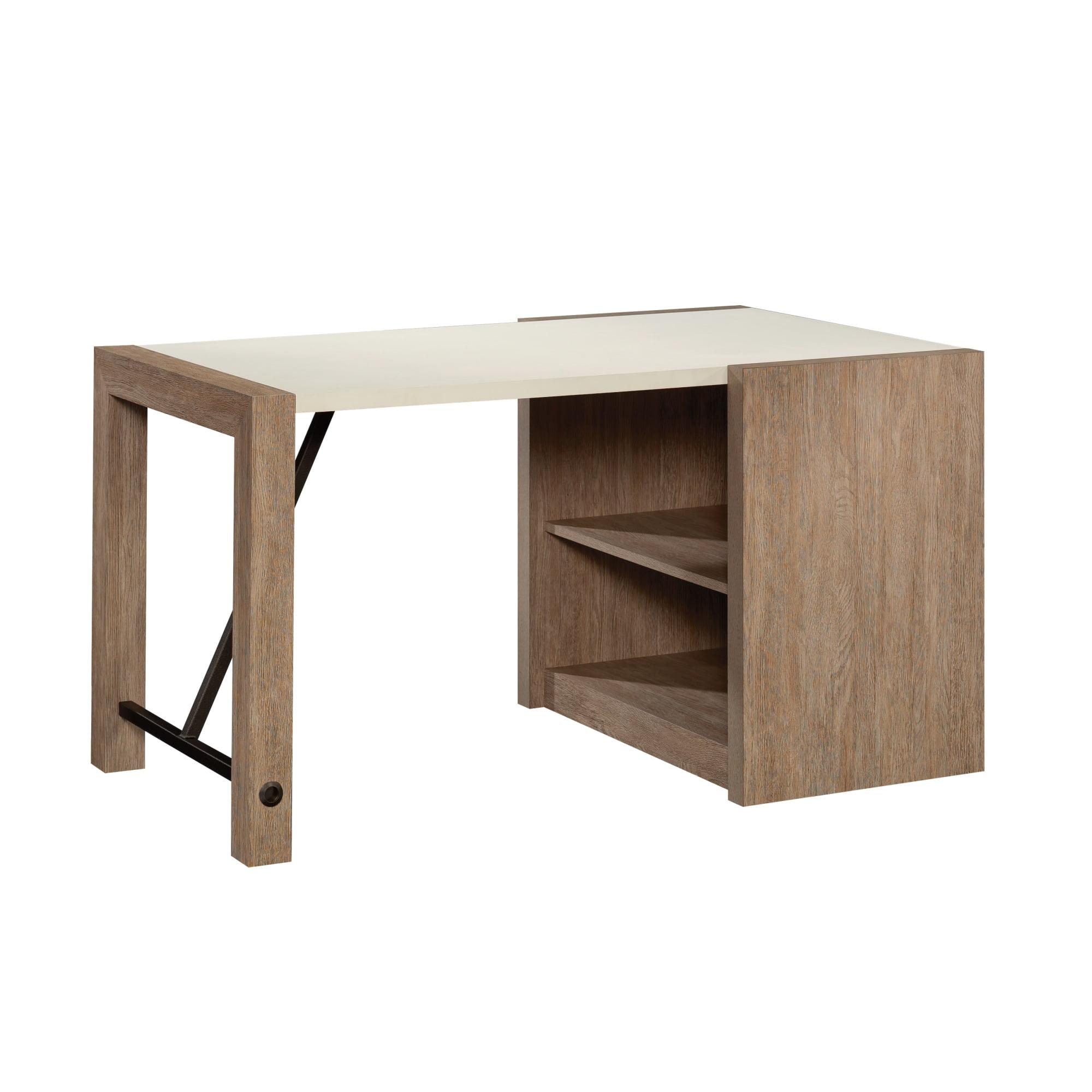 Brushed Oak and White Wood Desk with Storage Shelves