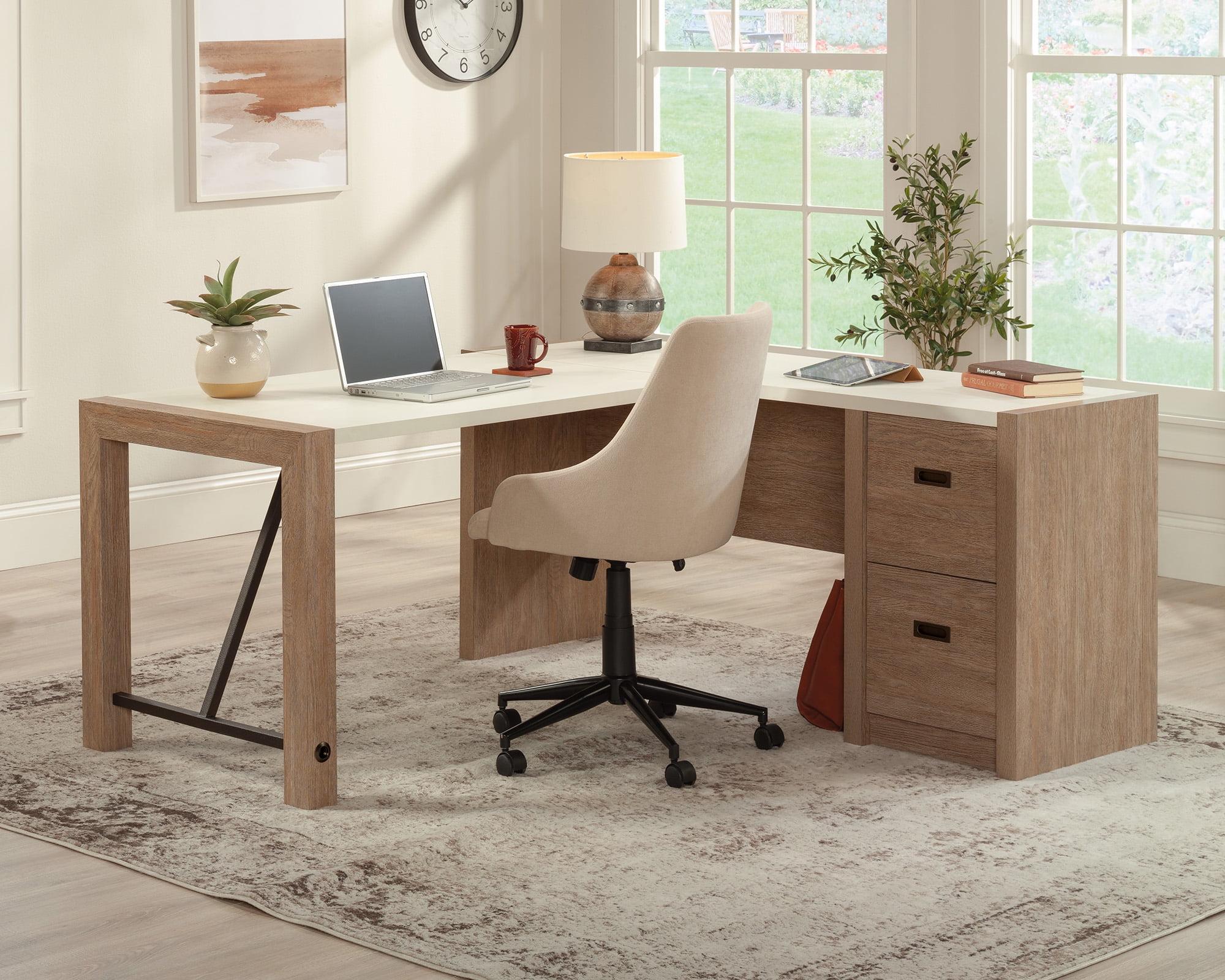 Pebble White and Brushed Oak L-Shaped Desk with Filing Cabinet