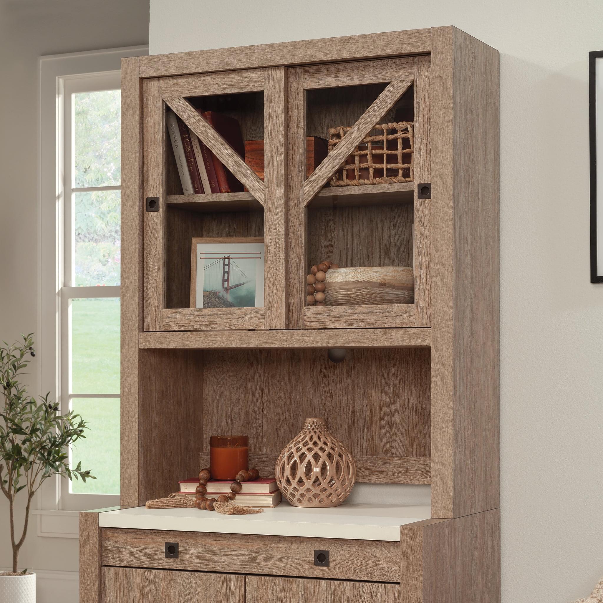 Sauder Dixon City Library Hutch Top Brushed Oak: Safety-Tempered Glass, Adjustable Shelf