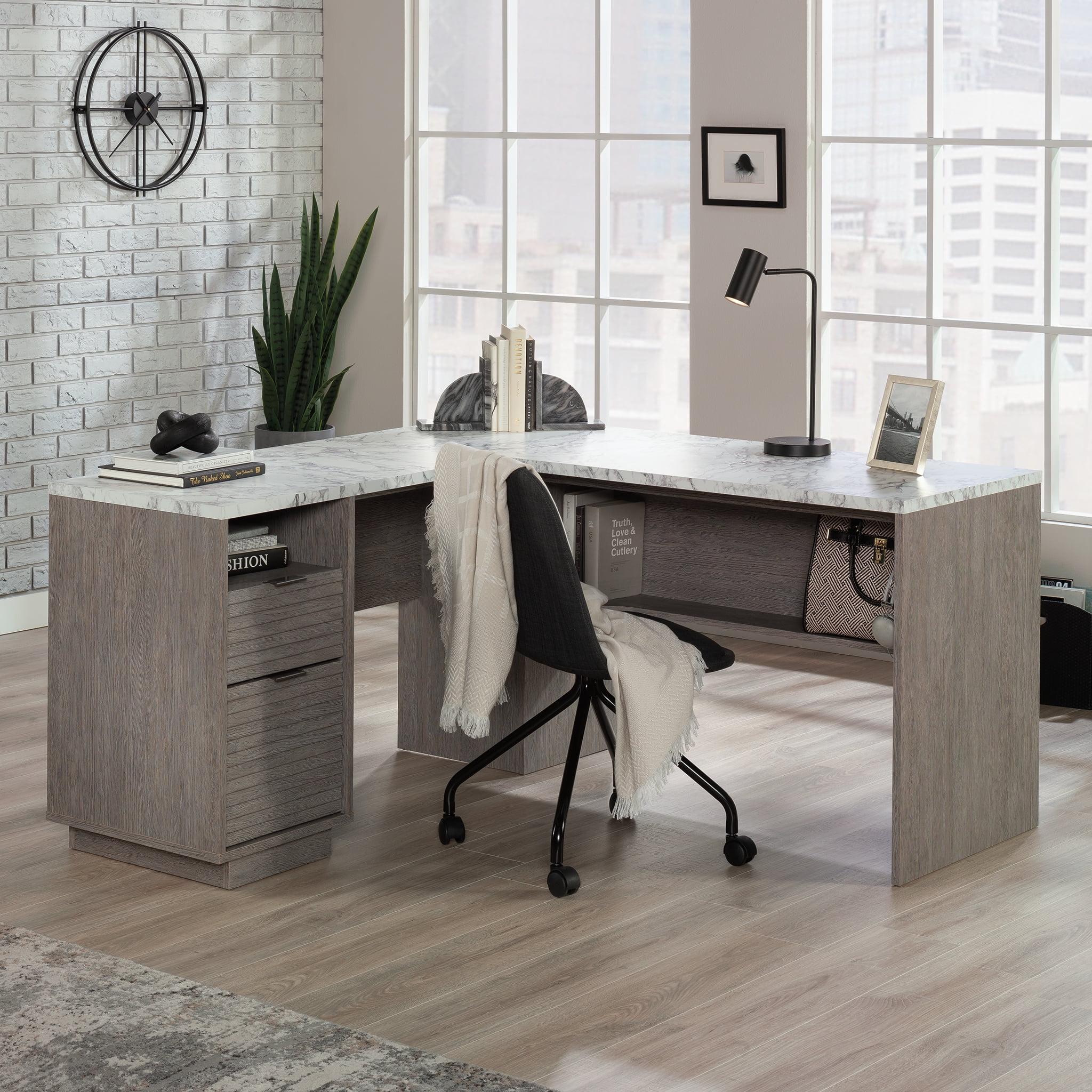 White Faux Marble and Ashen Oak L-Shaped Desk with Drawer and Filing Cabinet