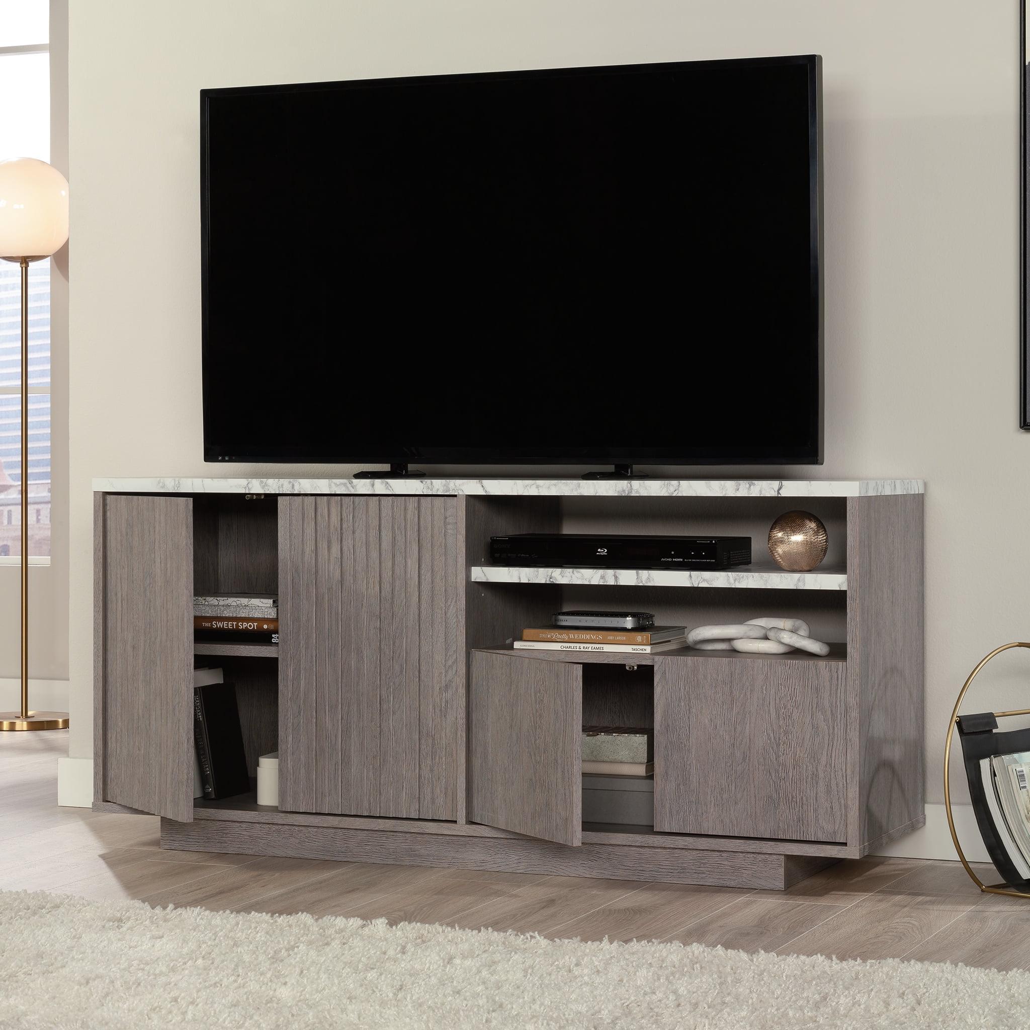 Ashen Oak and Faux White Marble Media Console with Cabinet