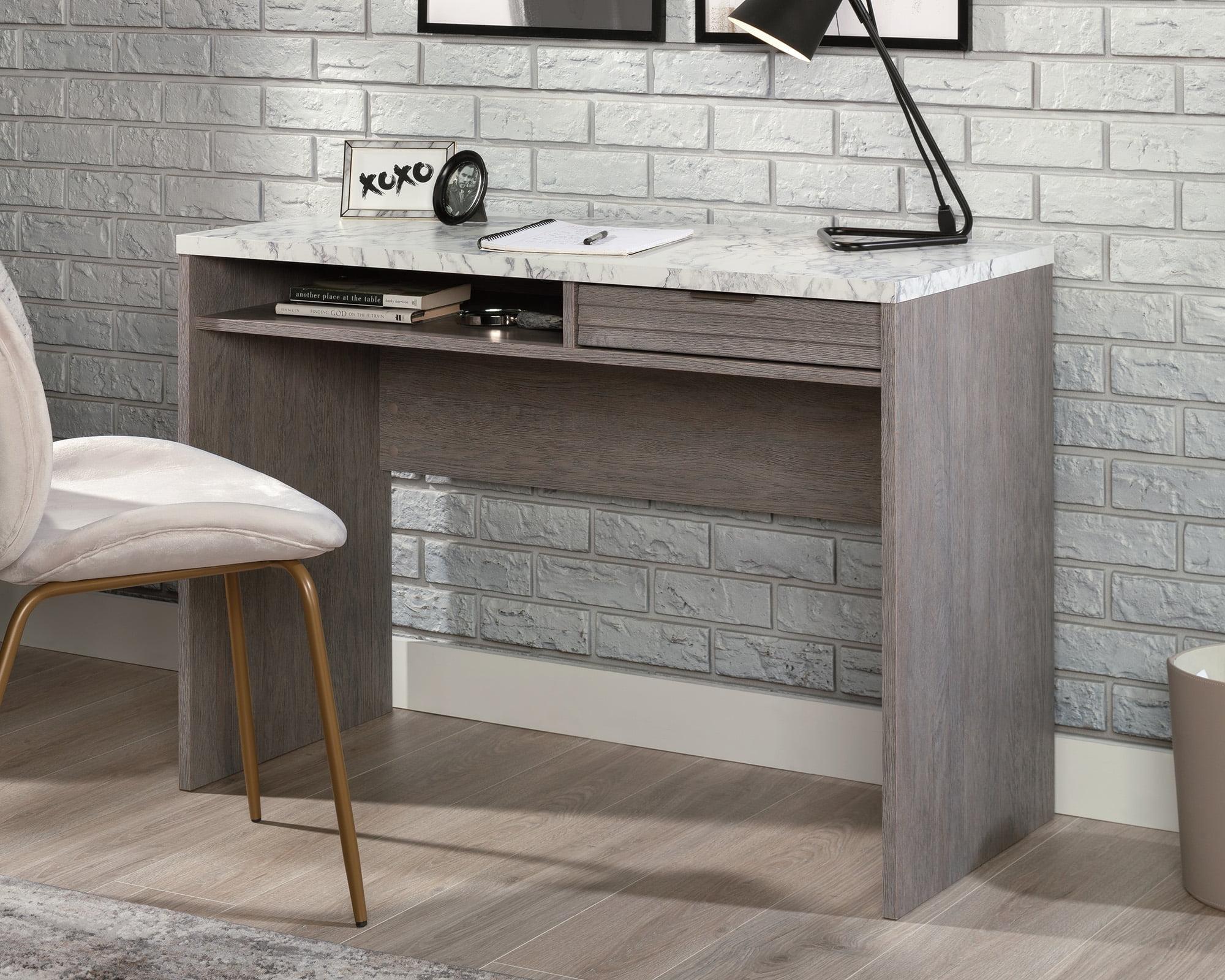 Ashen Oak Writing Desk with Faux White Marble Top and Drawer