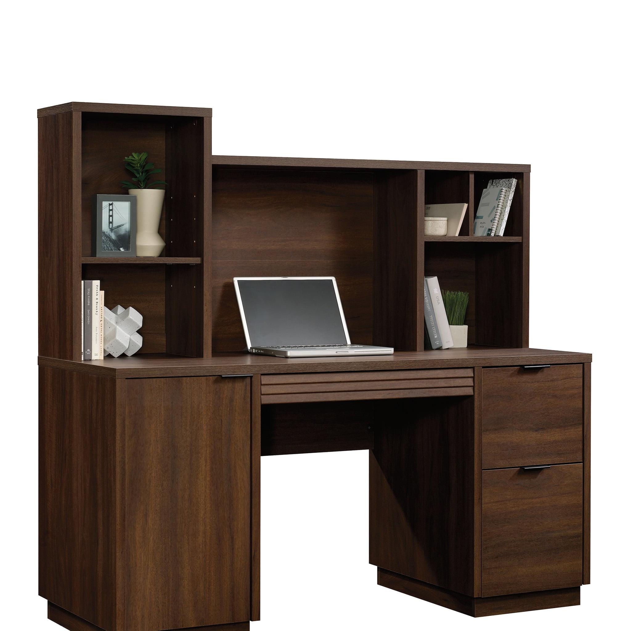 Spiced Mahogany Wood Computer Desk Hutch with Adjustable Shelf