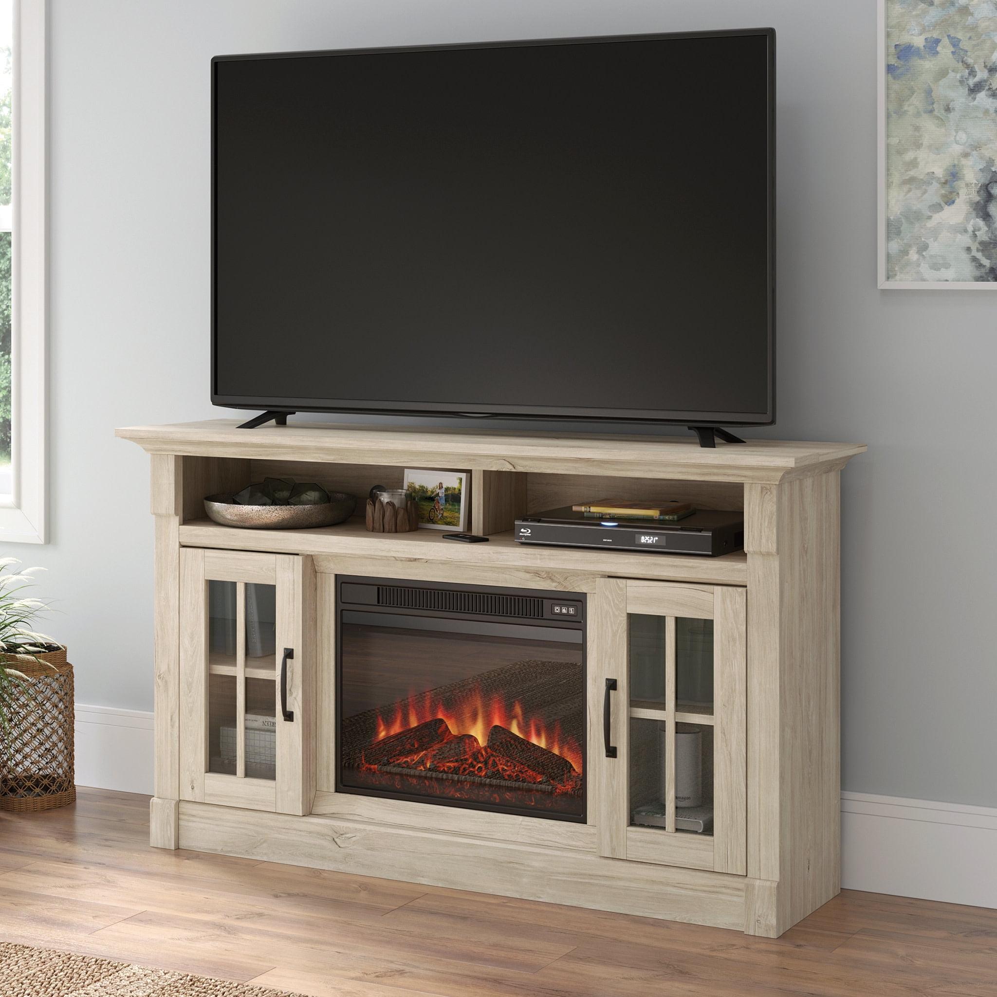 Sauder Media Fireplace Credenza TV Stand for TVs up to 65" Chalk Oak: Coastal Style, Smooth Finish, Adjustable Storage