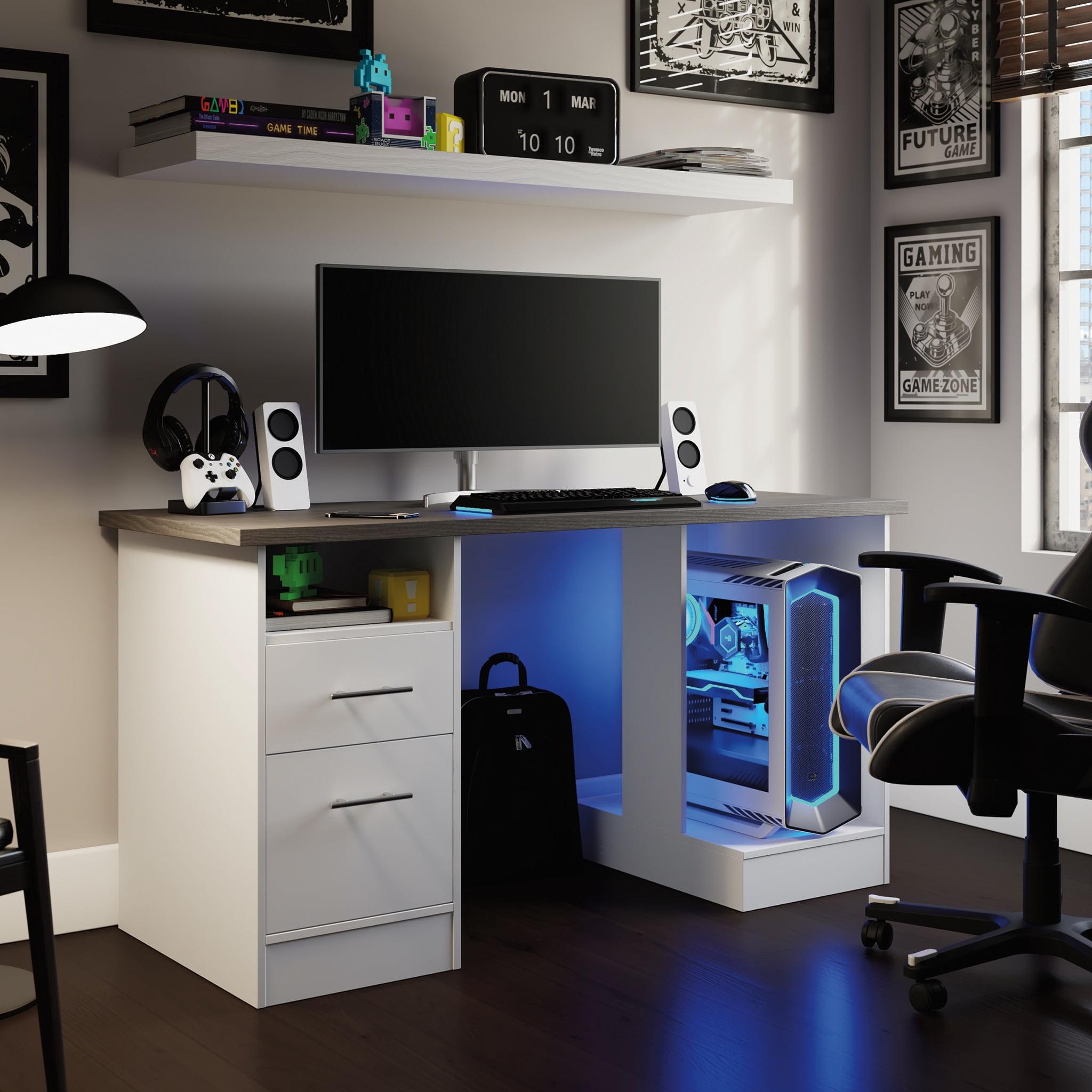 Versatile White Gaming Desk with Charcoal Ash Accents and Headphone Hook