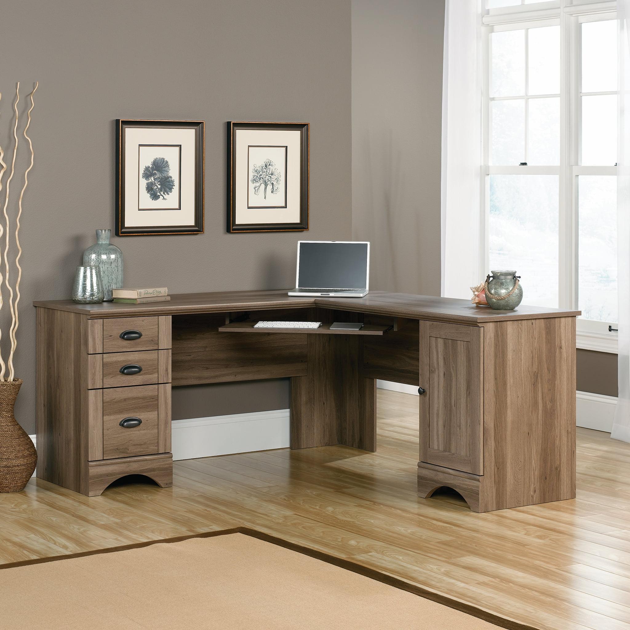 Salt Oak L-Shaped Corner Desk with Drawers and Keyboard Tray