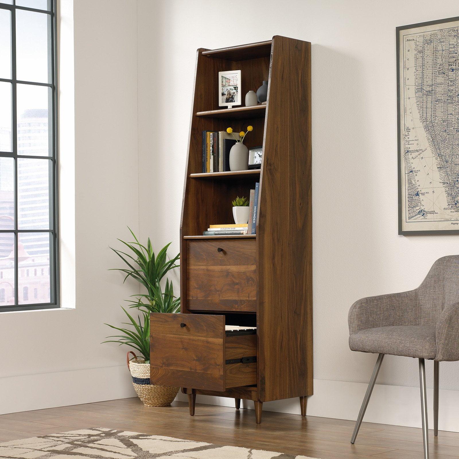 70" Grand Walnut Wood Narrow Bookcase with Drawers