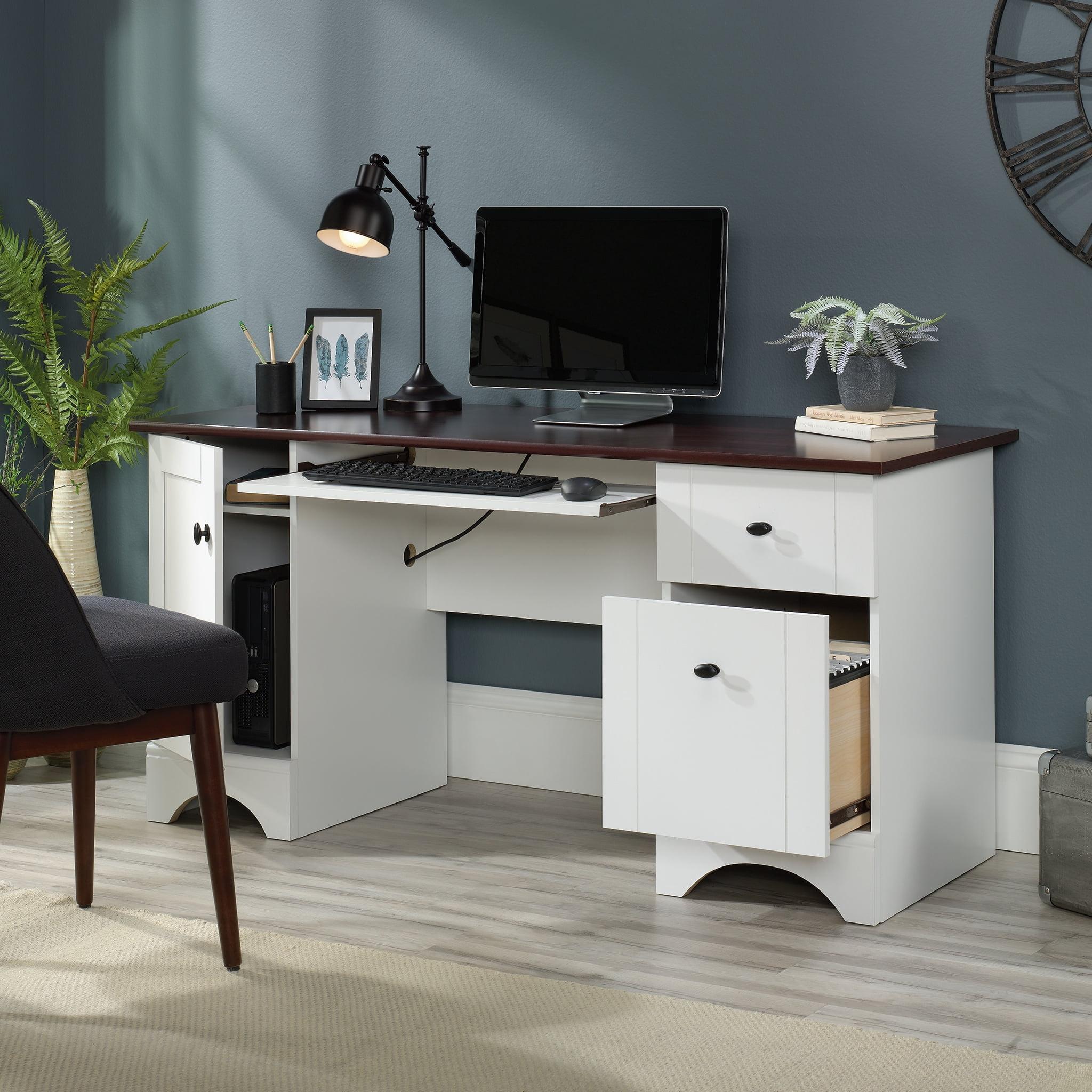 Soft White Multifunctional Computer Desk with Cherry Accent and Storage