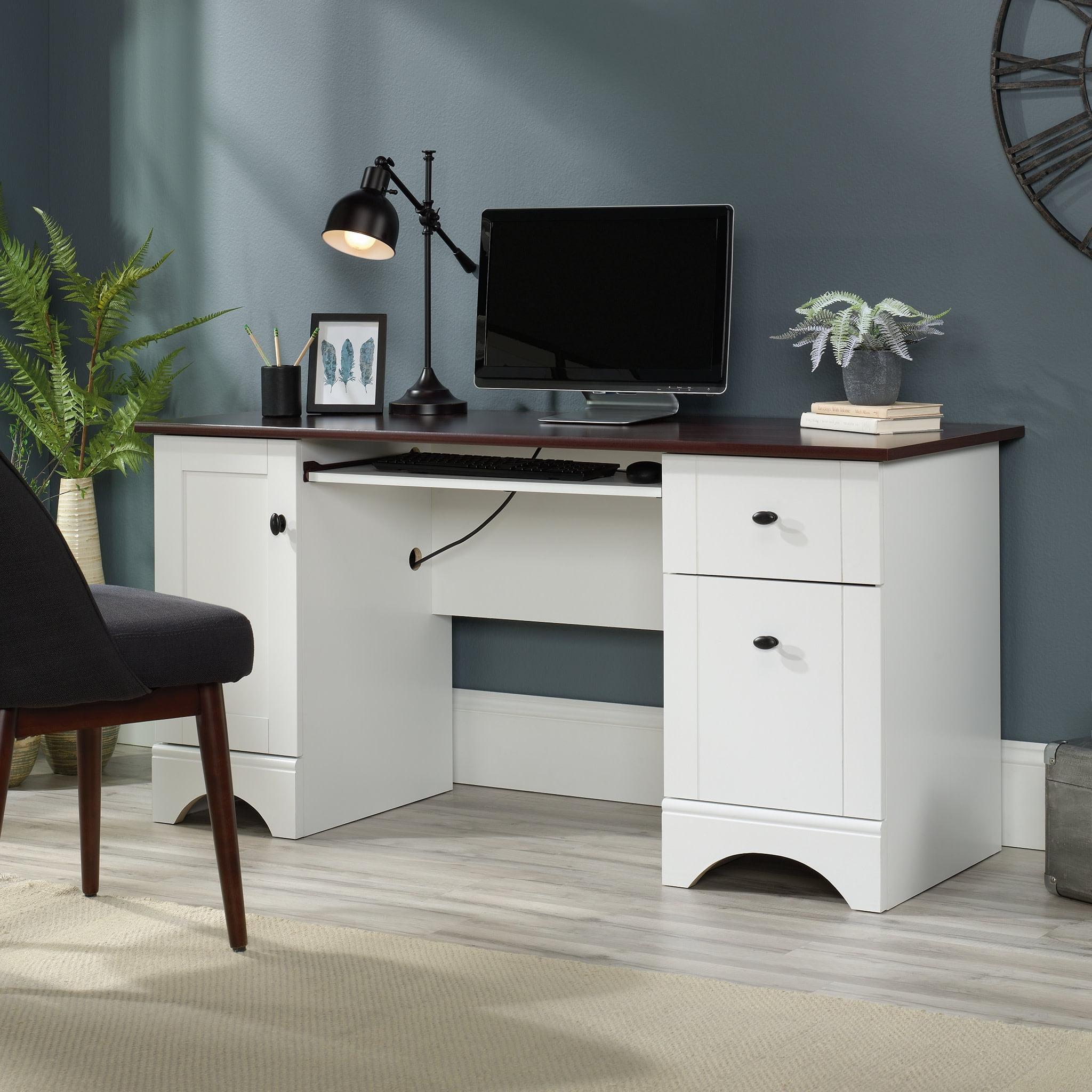 Computer Desk with Cherry Accent Top Soft White - Sauder: Modern Office Desk with File & All Purpose Drawers