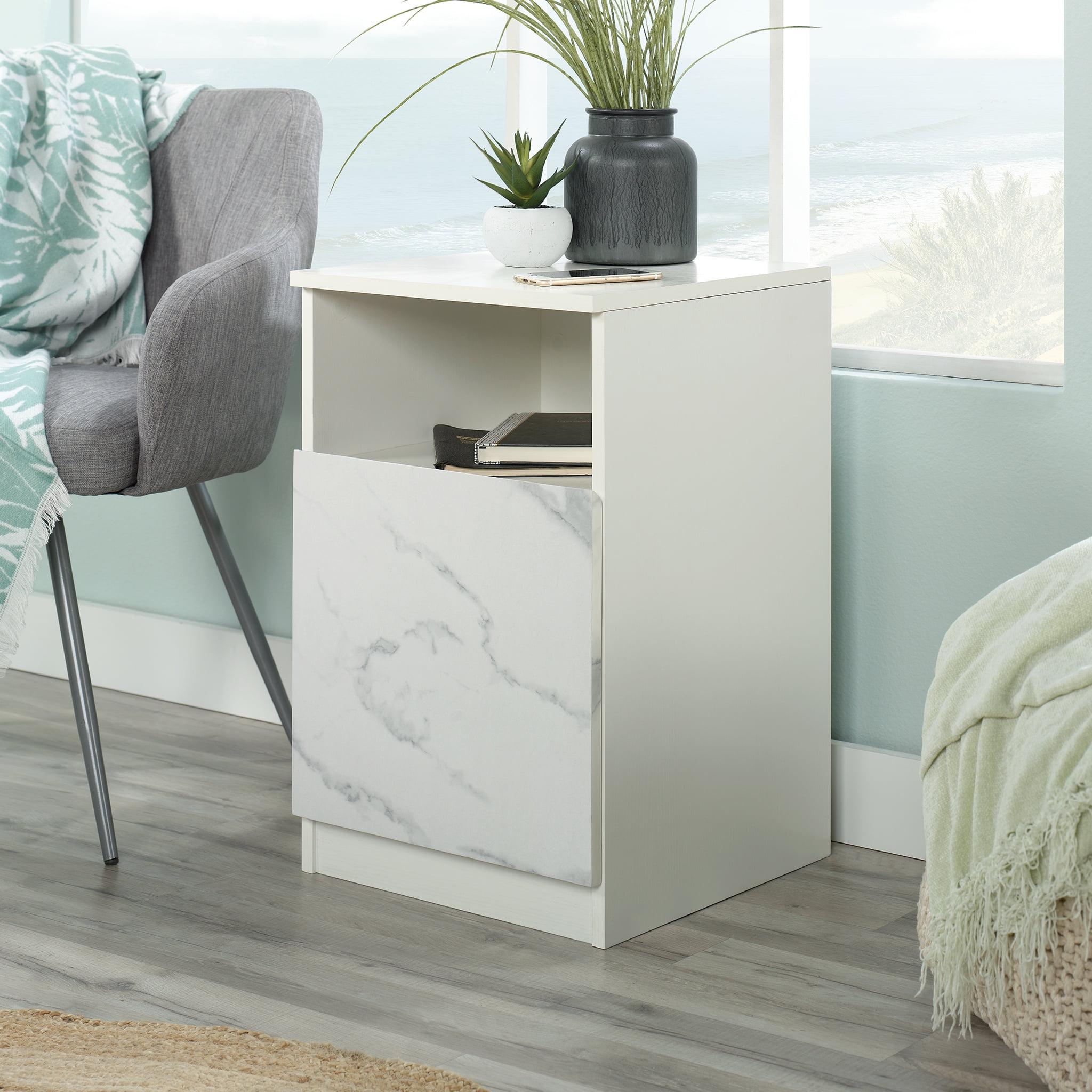 Pearl Oak and Faux White Marble Nightstand with Open Shelf