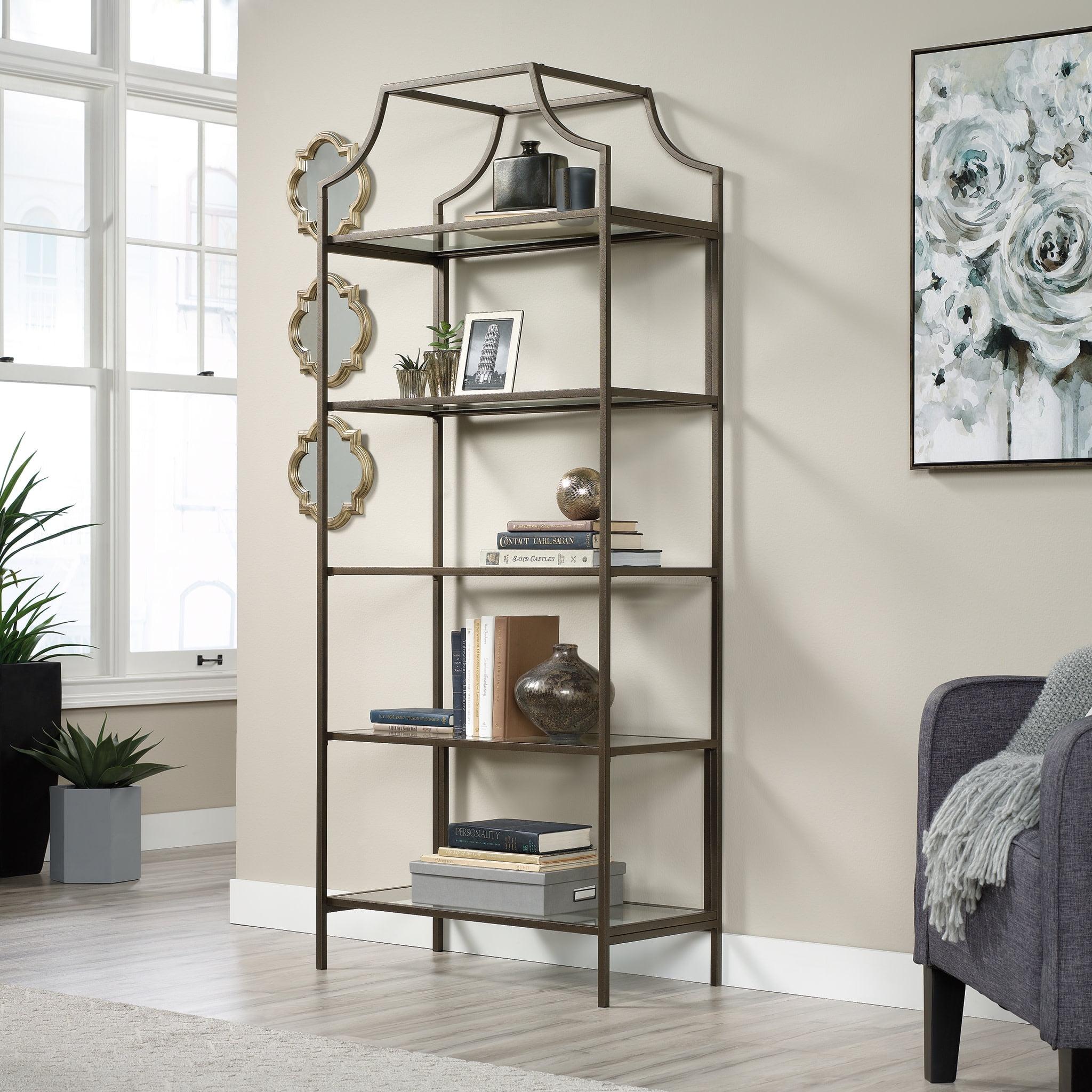 70" International Lux Bookcase Bronze - Sauder: Metal Frame, Safety-Tempered Glass, 5-Tier Storage