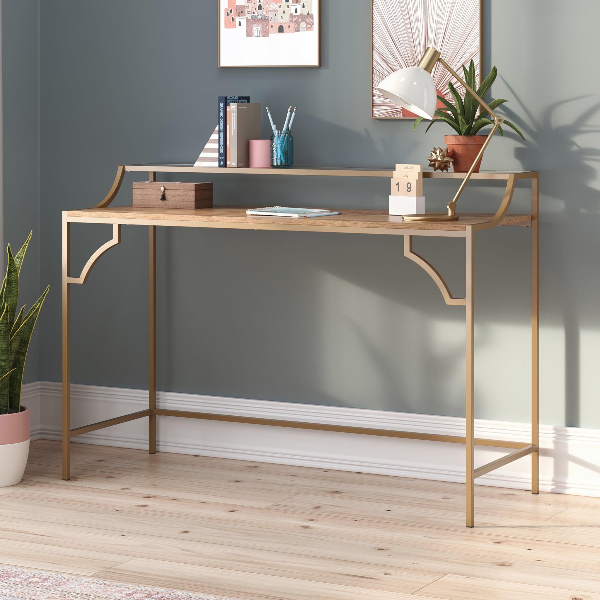 Sindoori Mango and Gold Writing Desk with Glass Shelf