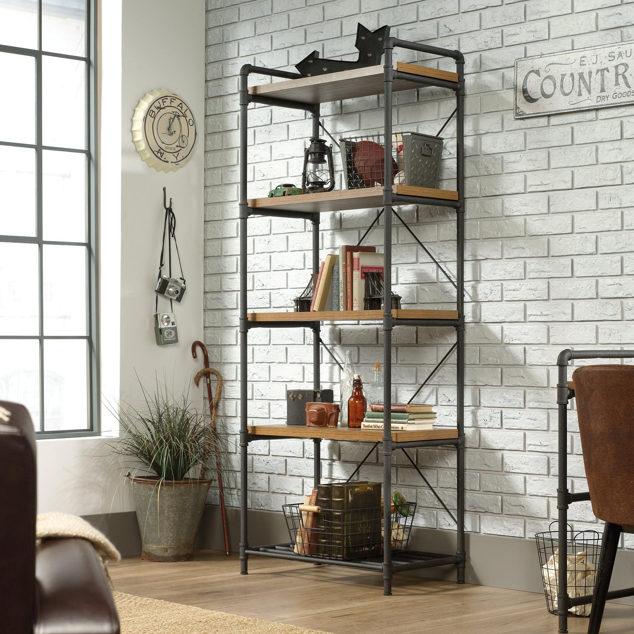 76" Tall Iron City Bookshelf Checked Oak - Sauder: 5-Shelf Metal Frame, Farmhouse Style, Rustic Storage: Vertical Shelving Unit