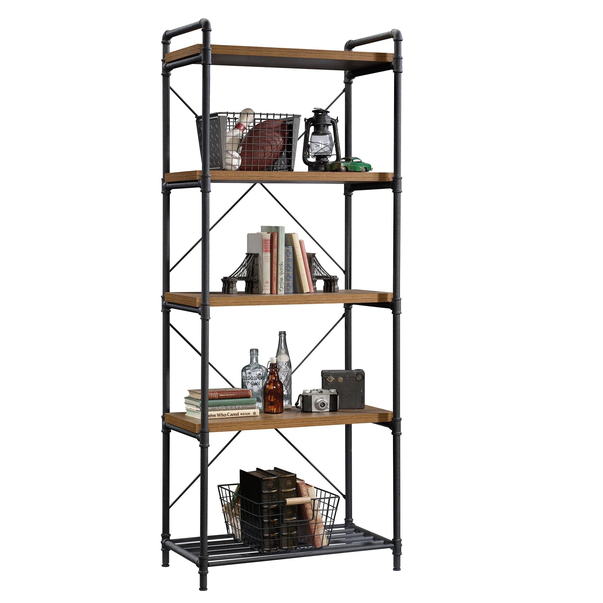 Iron City Checked Oak 5-Shelf Industrial Bookcase