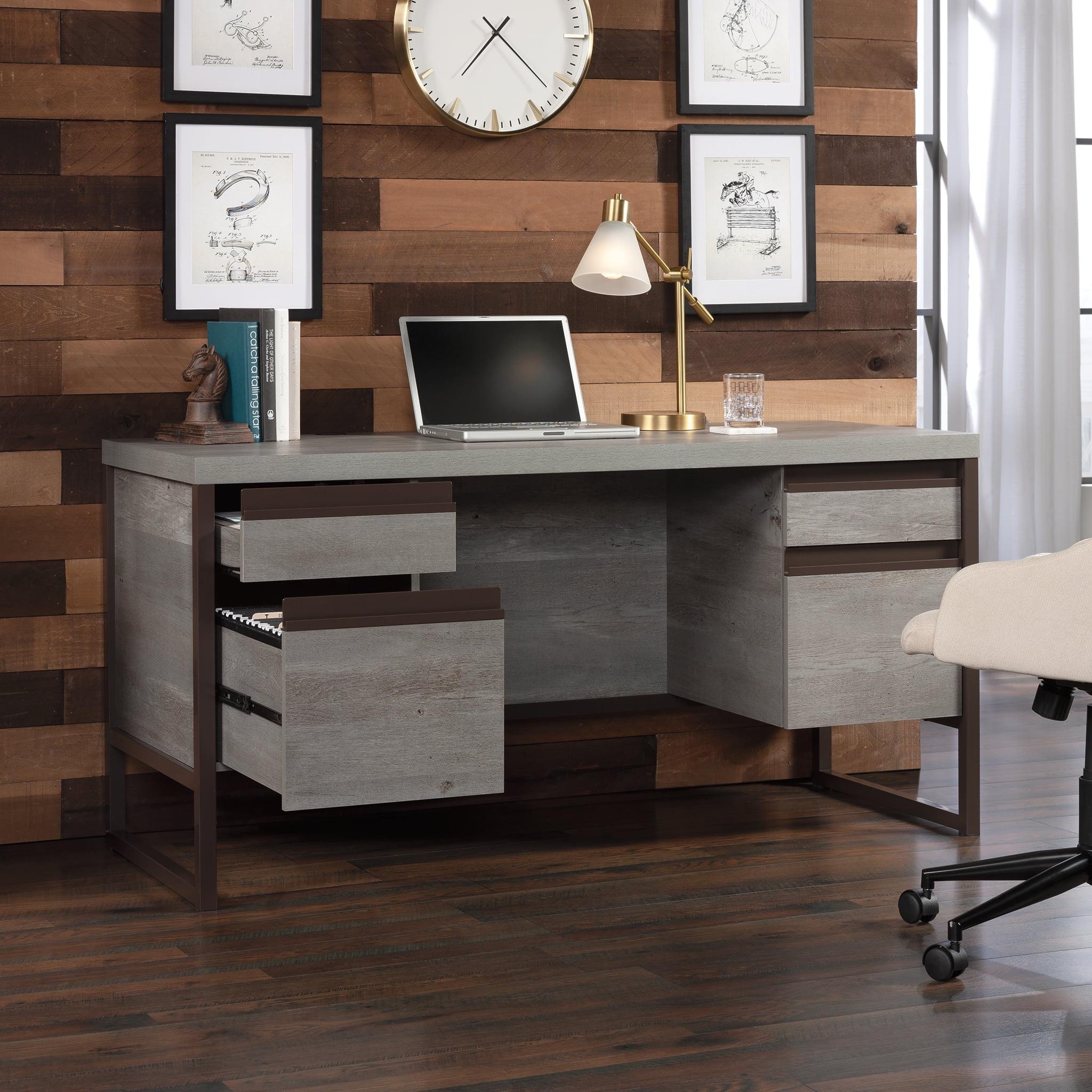 Mystic Oak Gray Wood Computer Desk with Drawers and Filing Cabinet