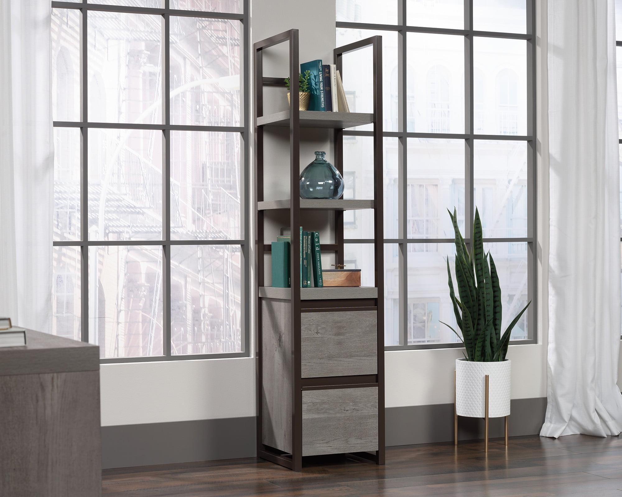 72.047" Manhattan Gate Narrow 2 Shelf Storage Tower Bookcase Mystic Oak - Sauder: Contemporary Style, Metal Frame, Open Shelves