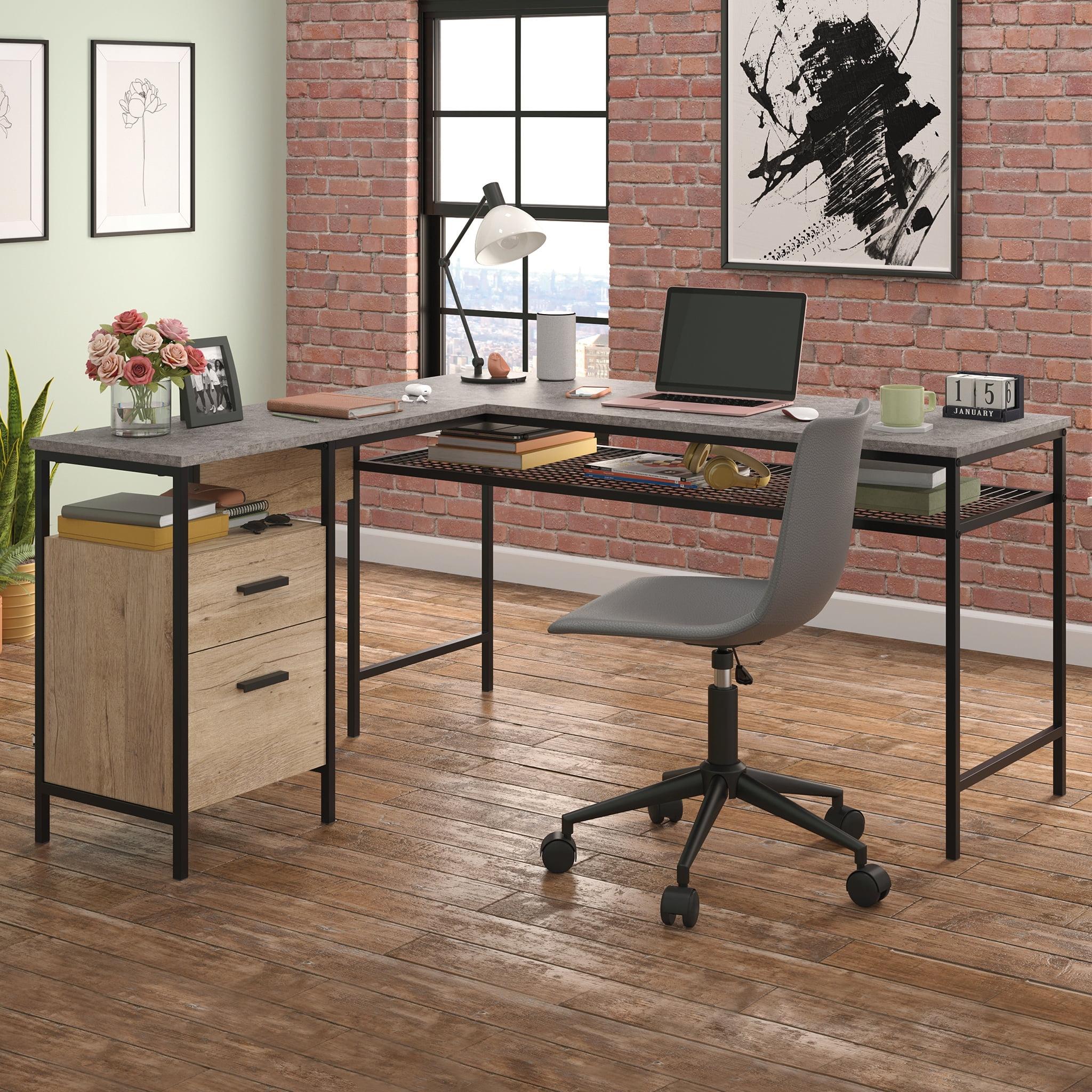 Gray Oak L-Shaped Computer Desk with Drawer and Filing Cabinet