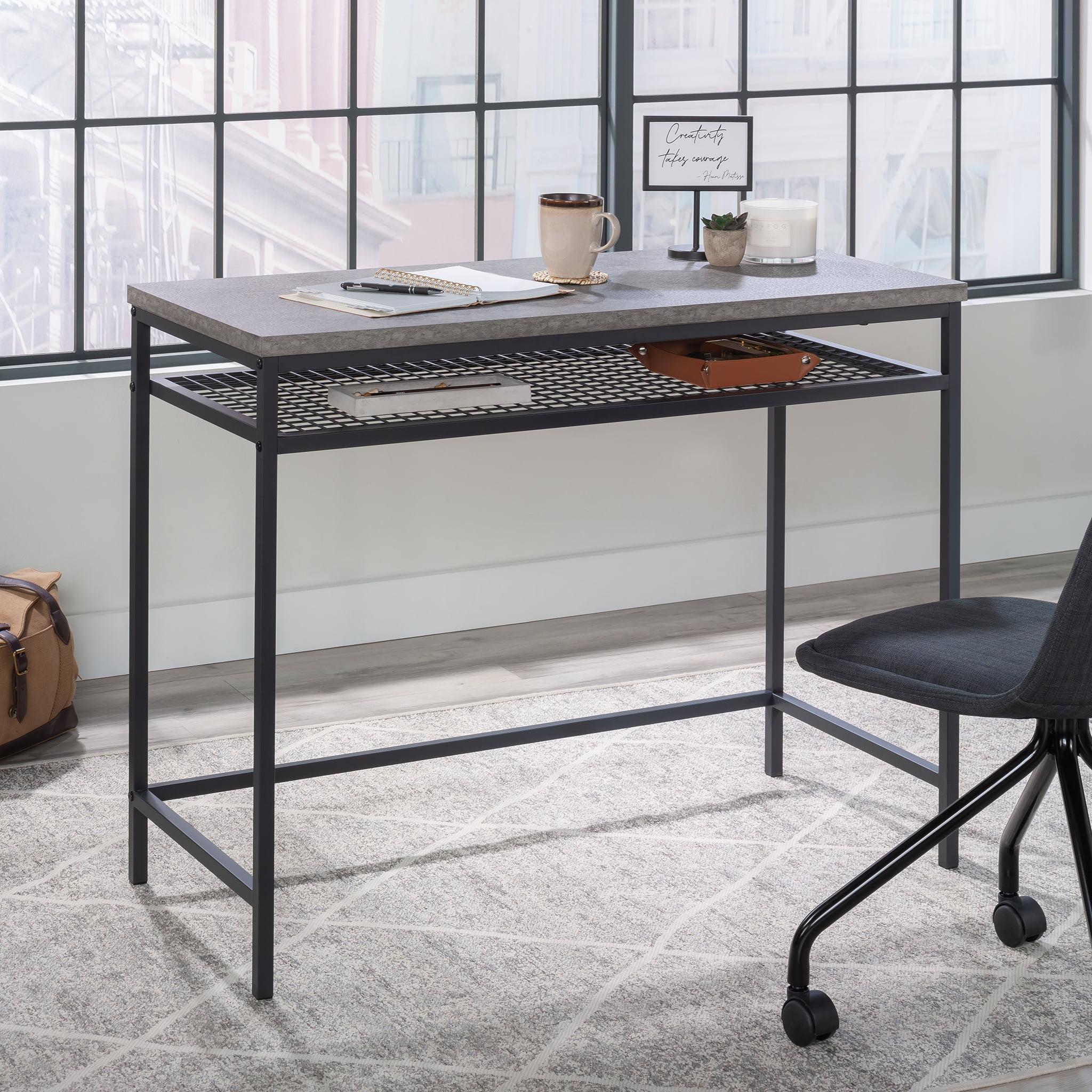 Slate Gray Wood and Metal Writing Desk with Storage