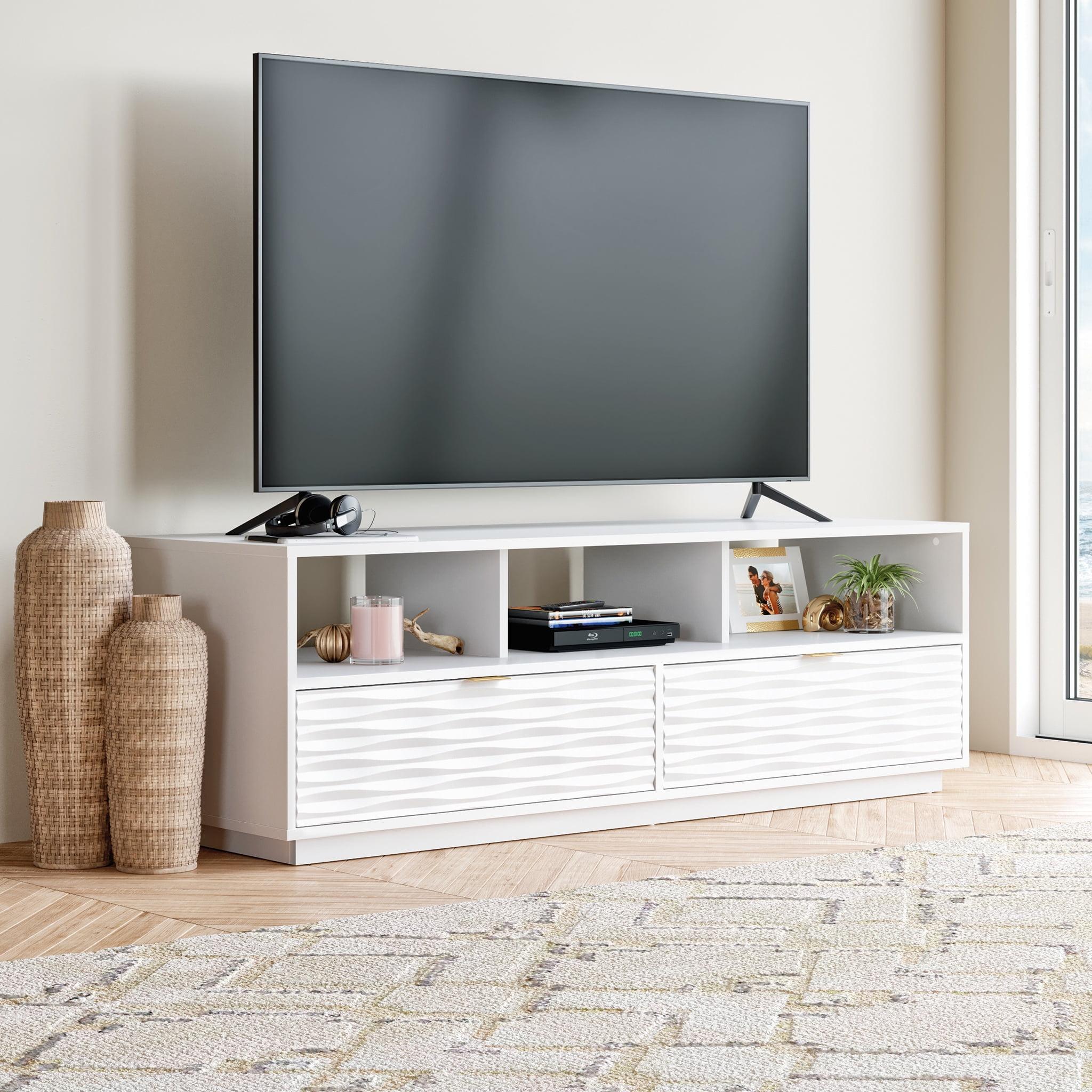 Sauder 60'' White Media Credenza with Wave-Patterned Drawers