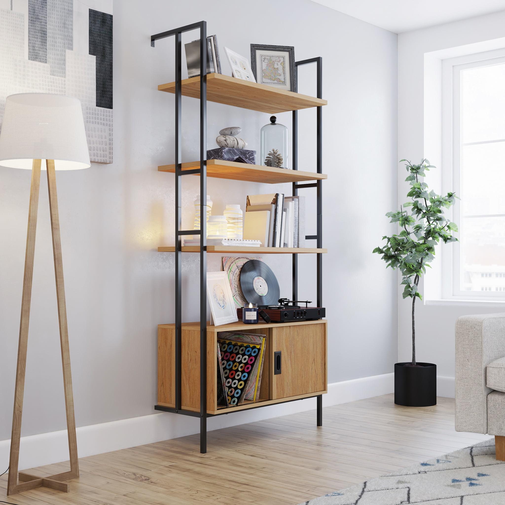 Serene Walnut Wall-Mounted Bookcase with Sliding Door in Black