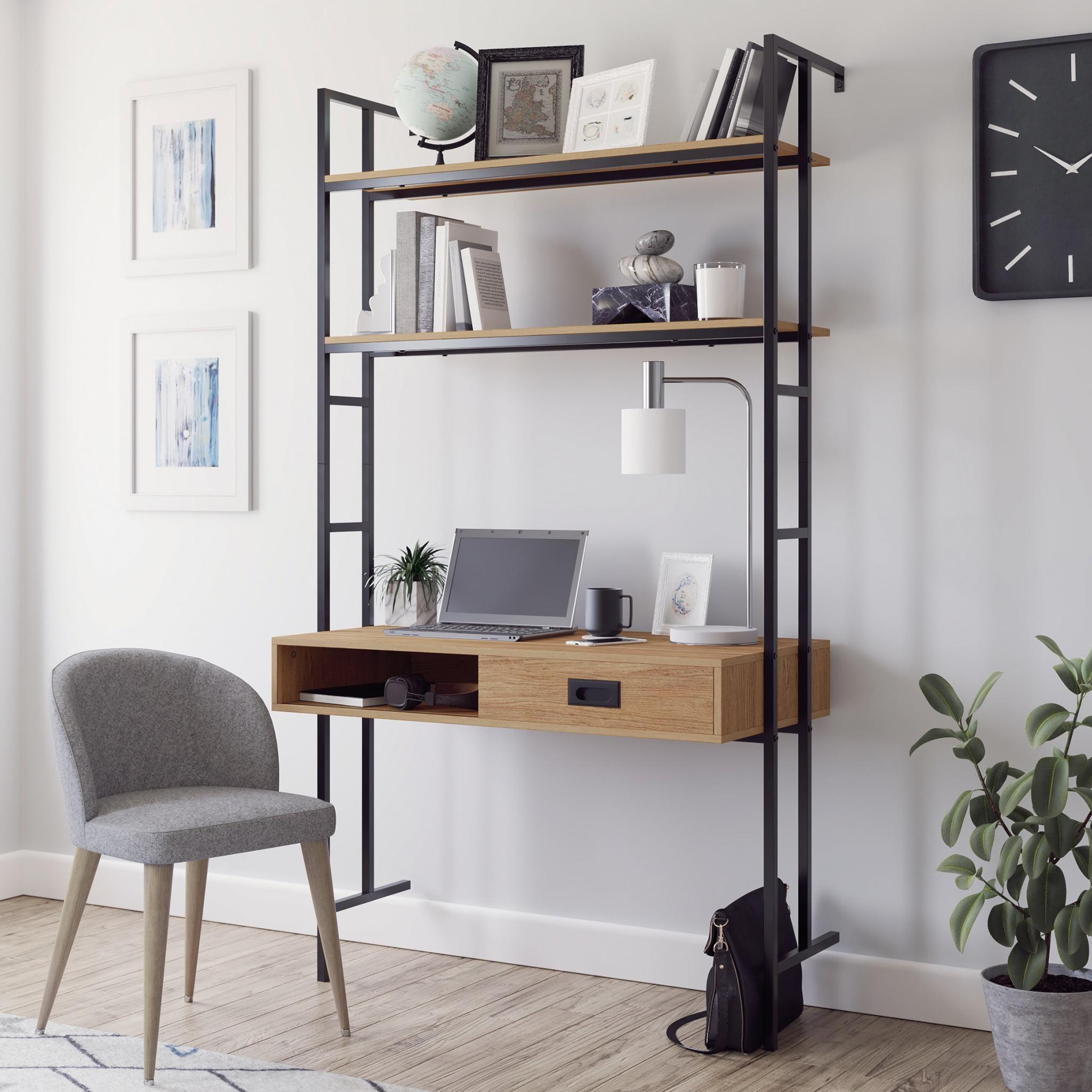 Serene Walnut Wall-Mounted Desk with Black Metal Frame and Drawers