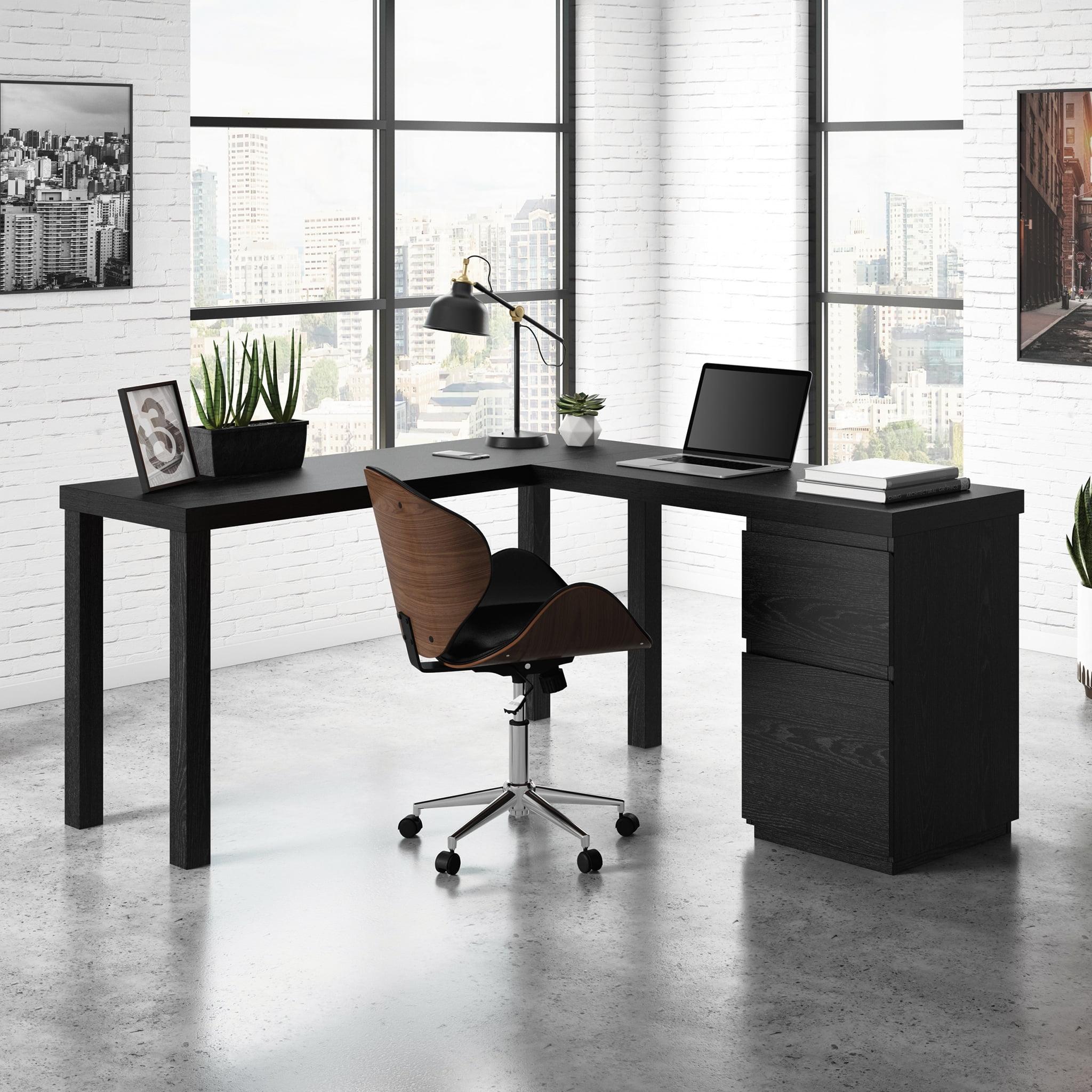 Executive Bourbon Oak L-Shaped Desk with Filing Cabinet