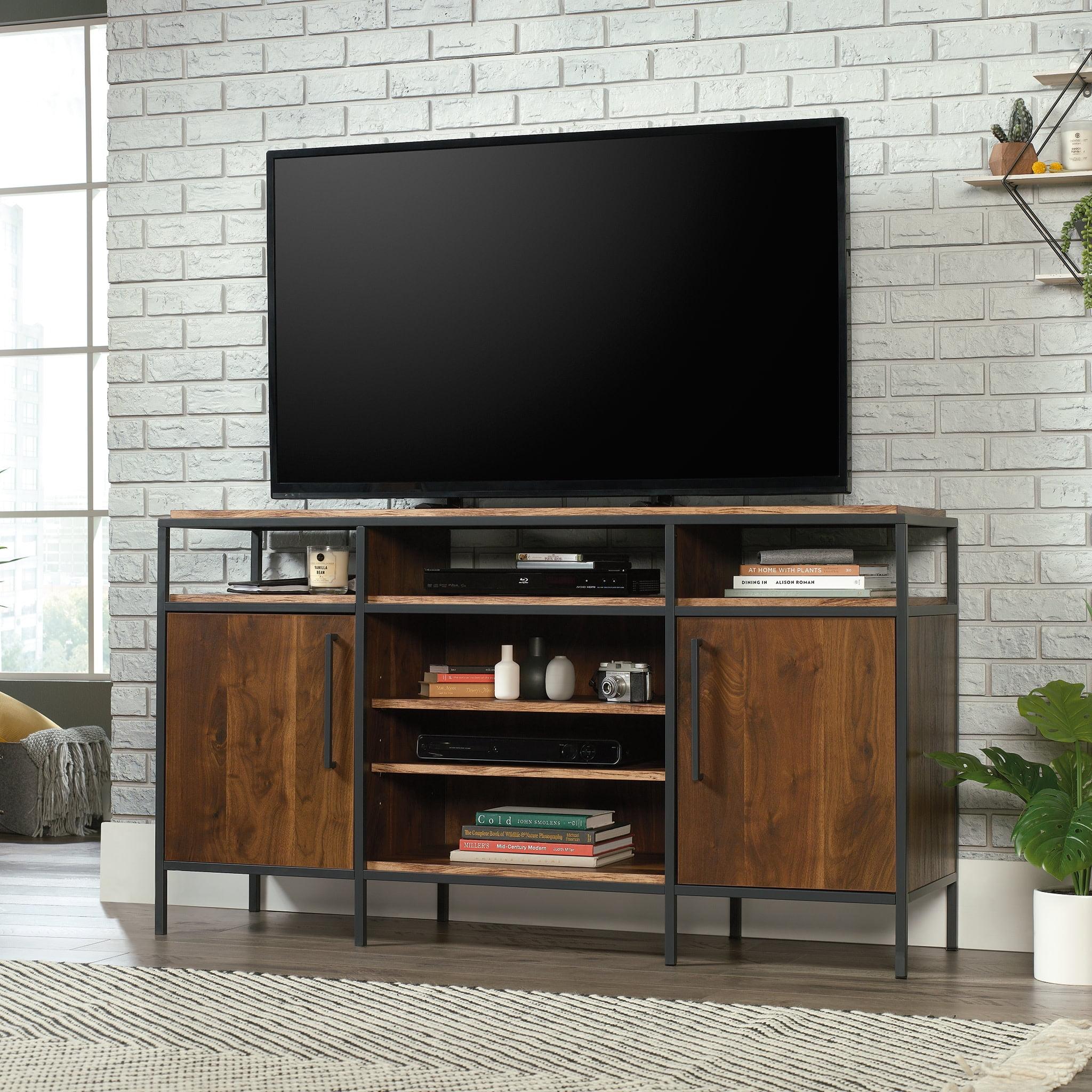 Grand Walnut and Black Metal TV Stand with Adjustable Shelves