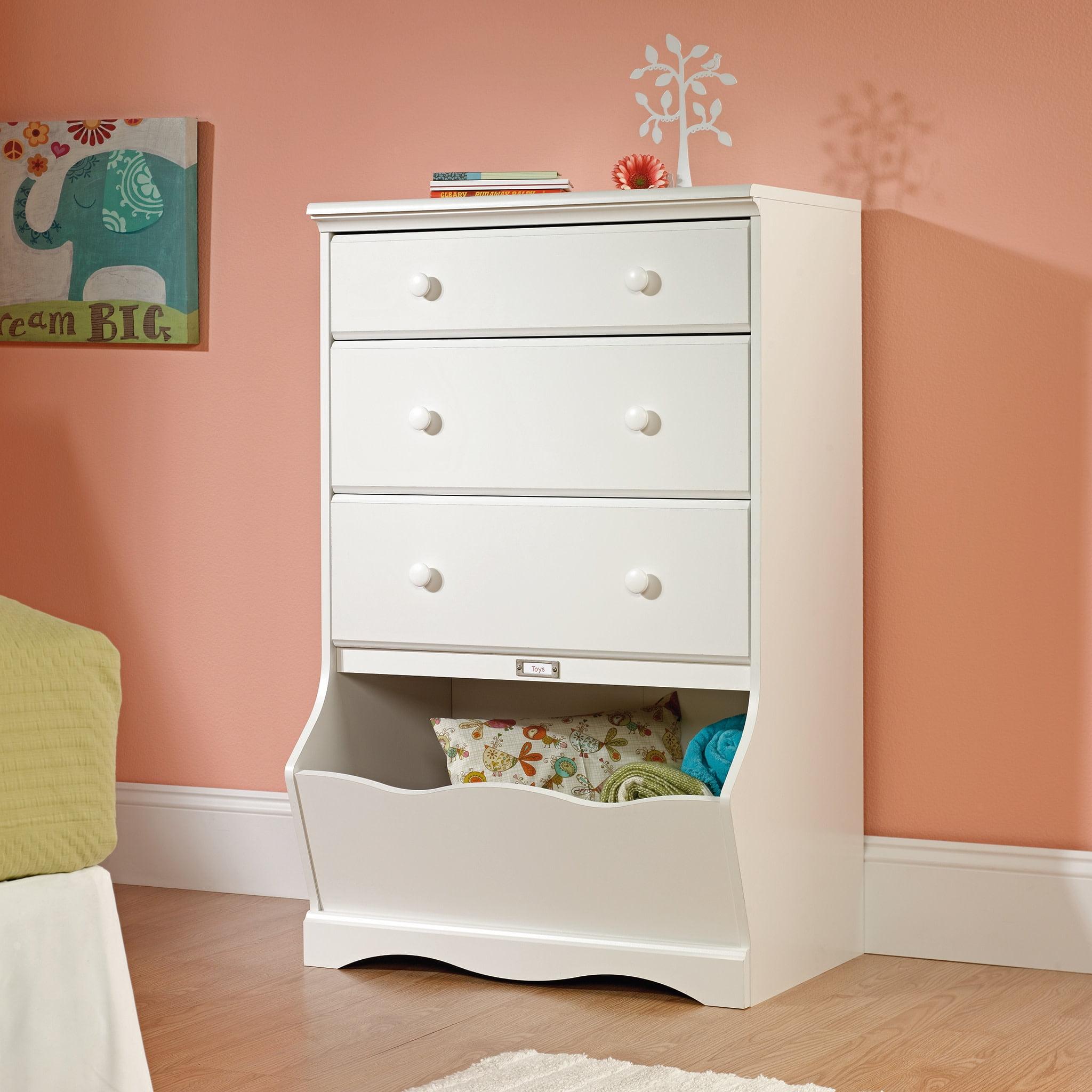 Sauder Pogo 3 Drawer Chest with Storage Bin Soft White: Vertical Dresser for Bedroom, MDF Laminate Finish, Metal Hardware